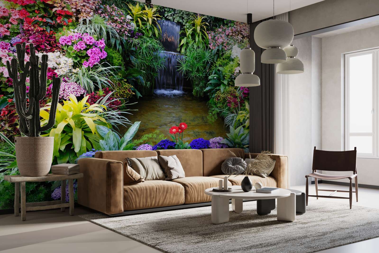 Фотошпалери тропічні квіти біля гірського водоспаду