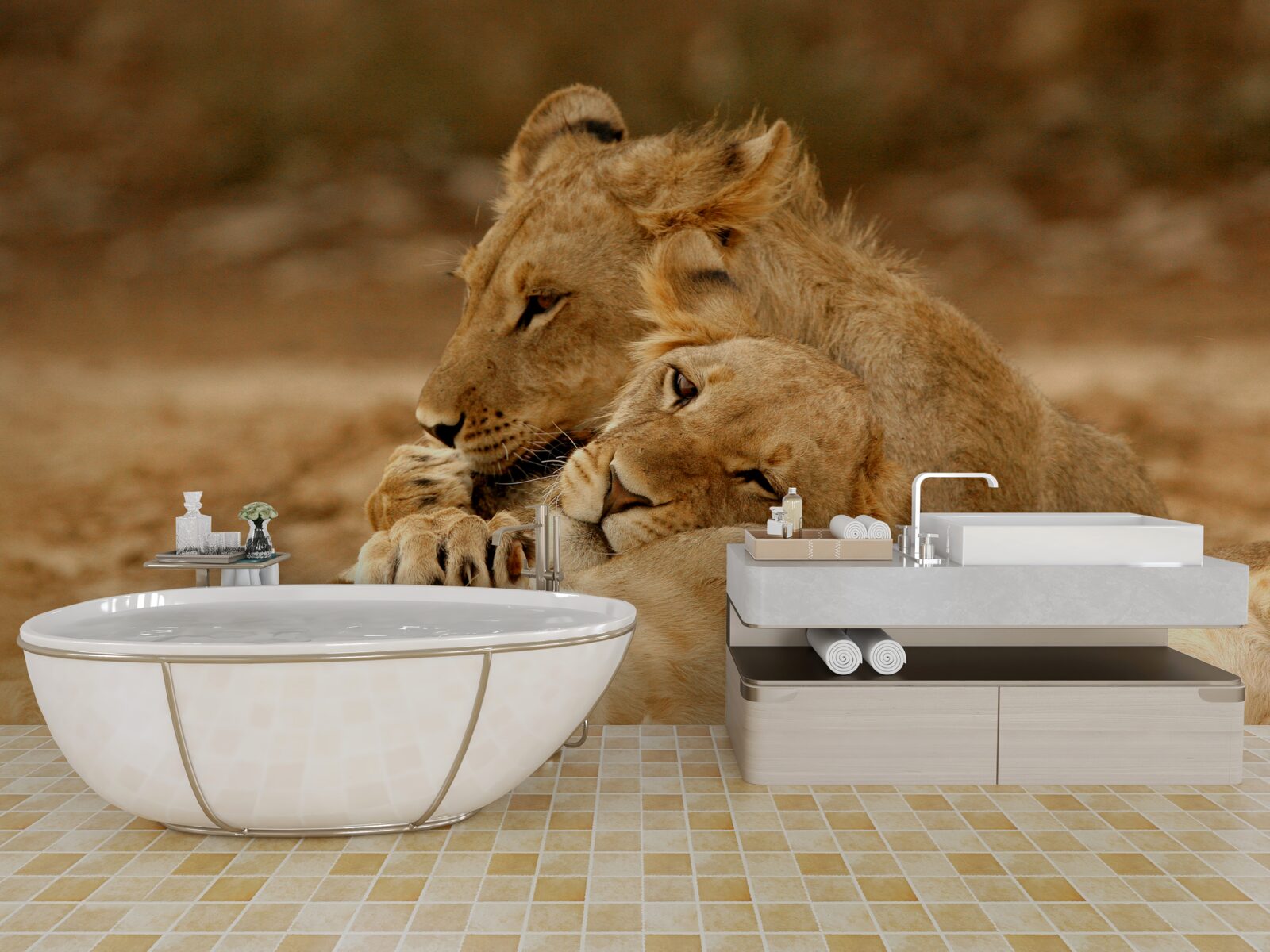 Фотошпалери сім'я левів оселилася на піщаній поверхні