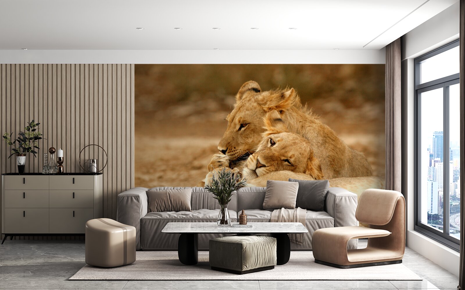 Фотошпалери сім'я левів оселилася на піщаній поверхні