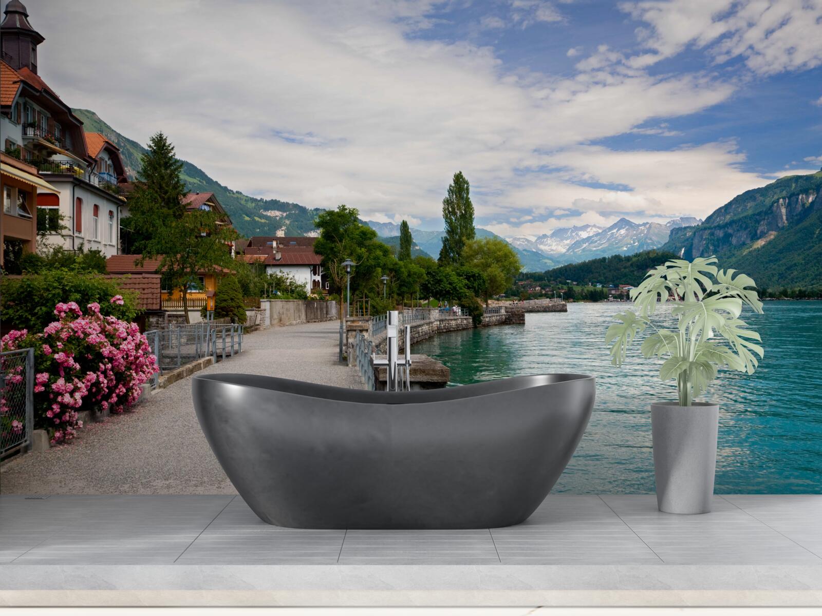 Фотошпалери поселення в горах біля водосховища