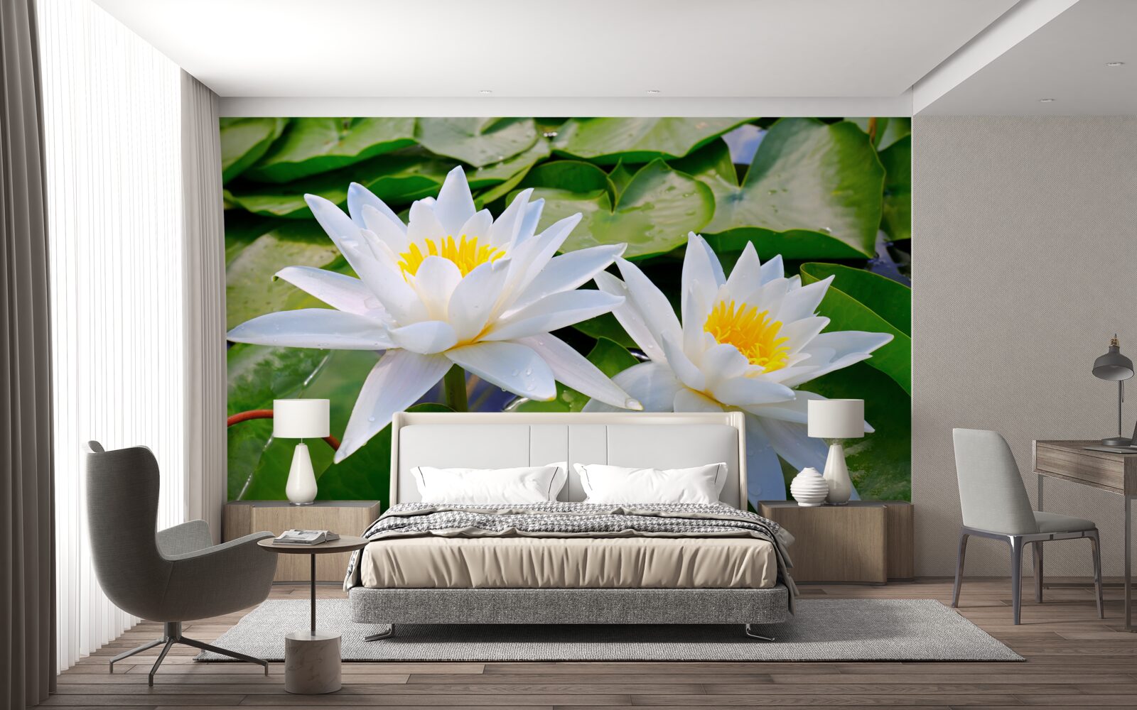 Фотошпалери біле латаття серед зеленого листя