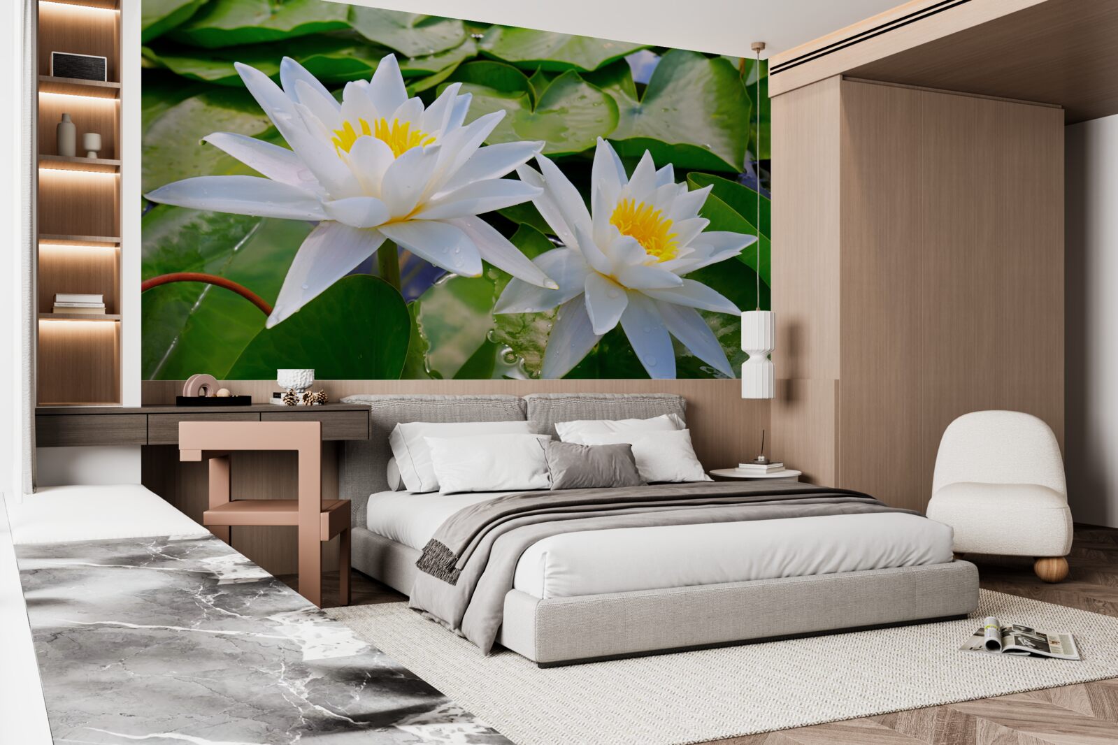 Фотошпалери біле латаття серед зеленого листя