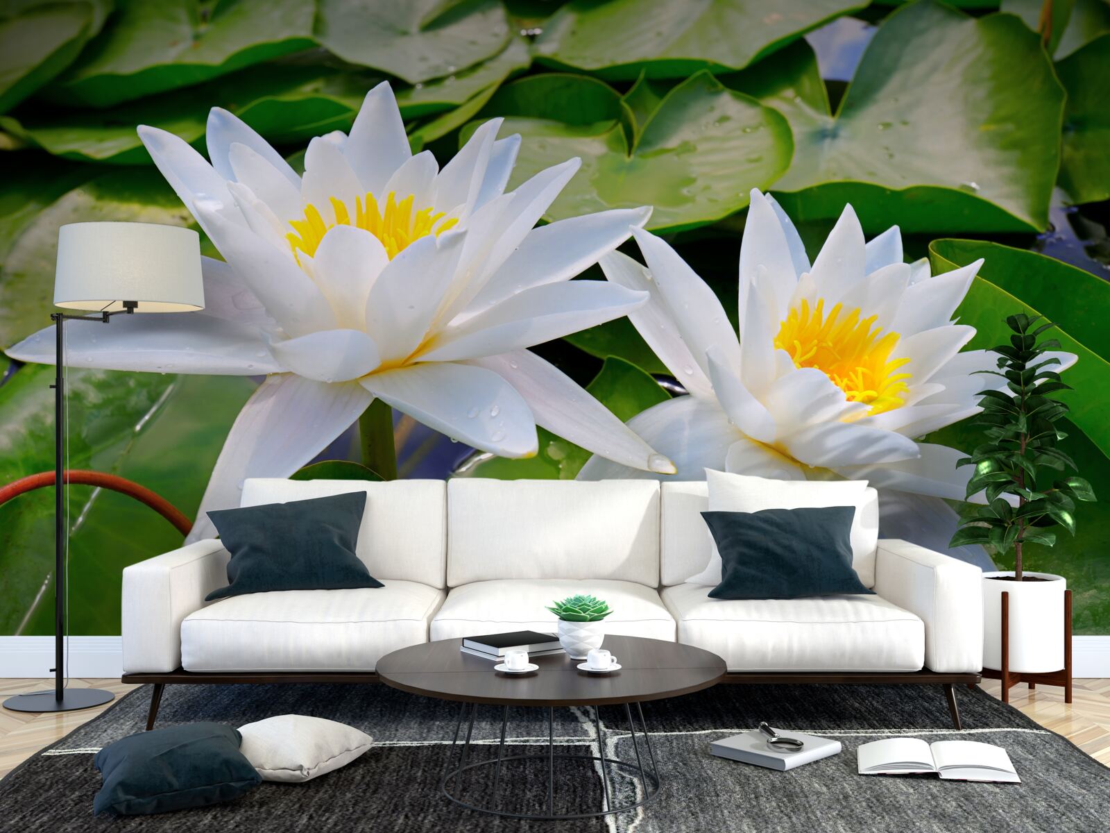 Фотошпалери біле латаття серед зеленого листя