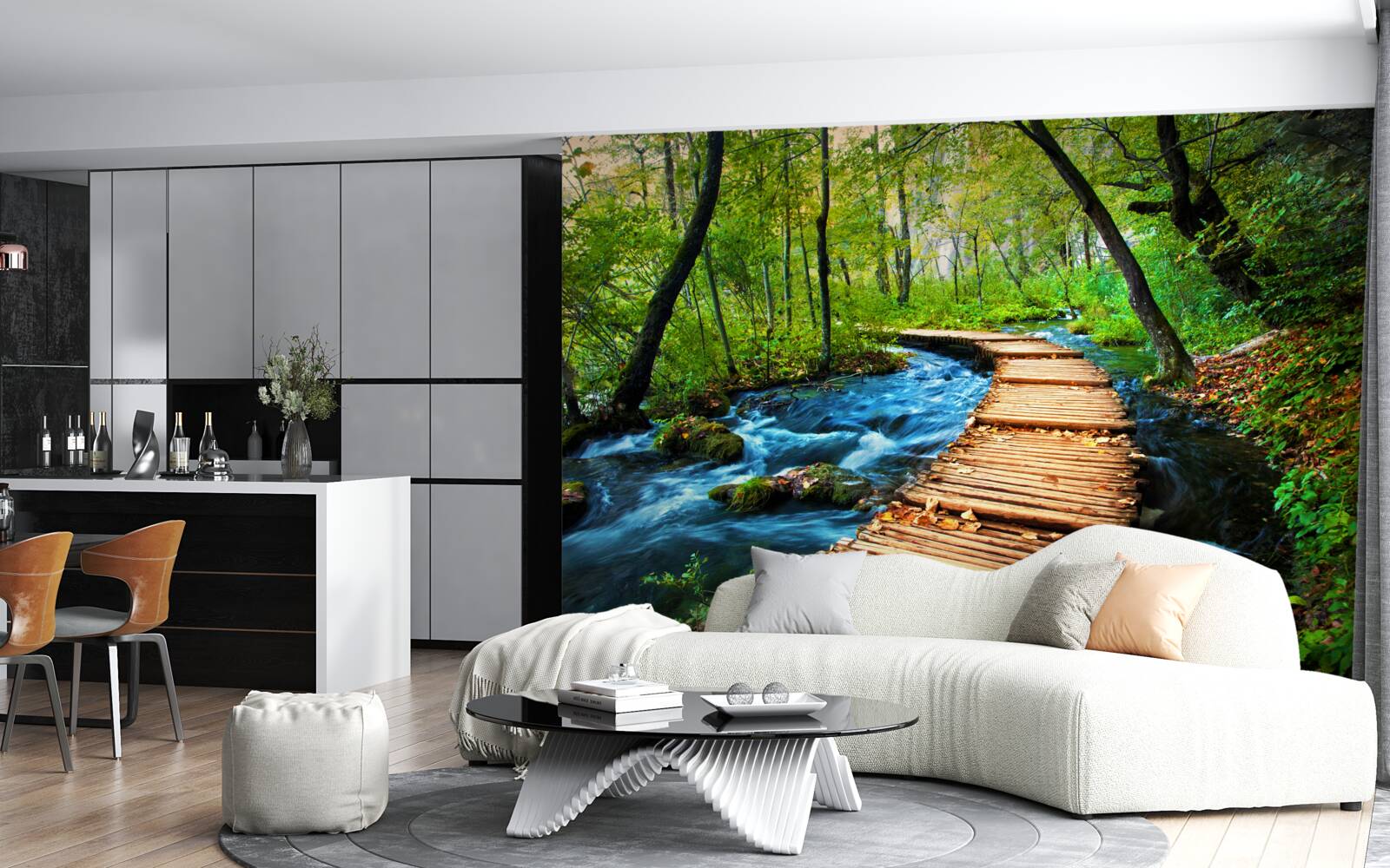 Фотошпалери дерев'яний міст через густий ліс