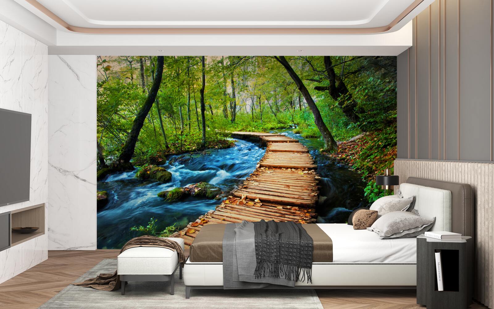 Фотошпалери дерев'яний міст через густий ліс