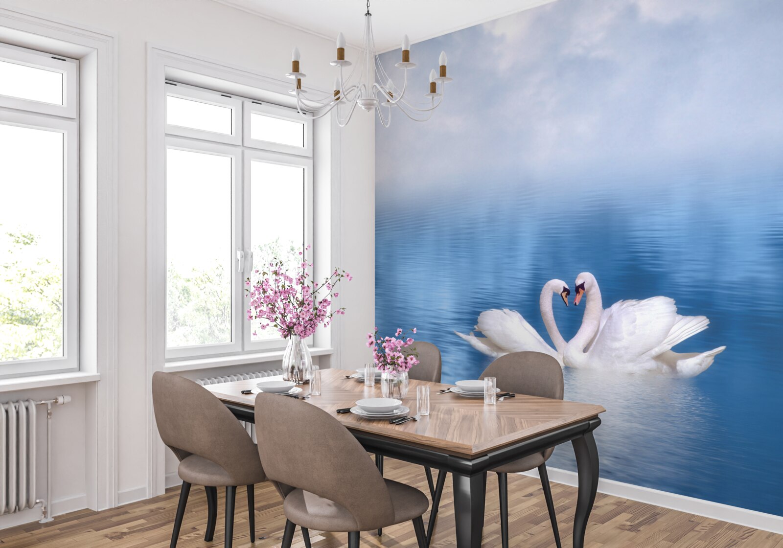 Фотошпалери два лебеді на спокійній поверхні