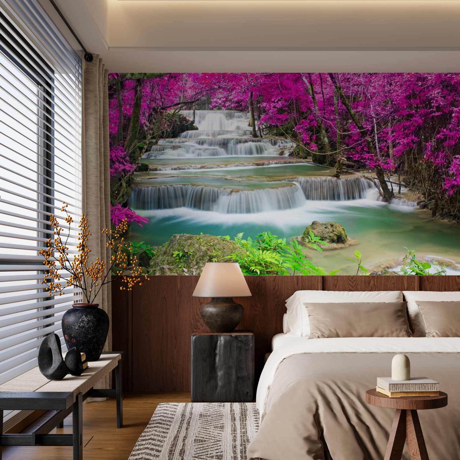 Фотошпалери квітучі дерева біля ступінчастого водоспаду