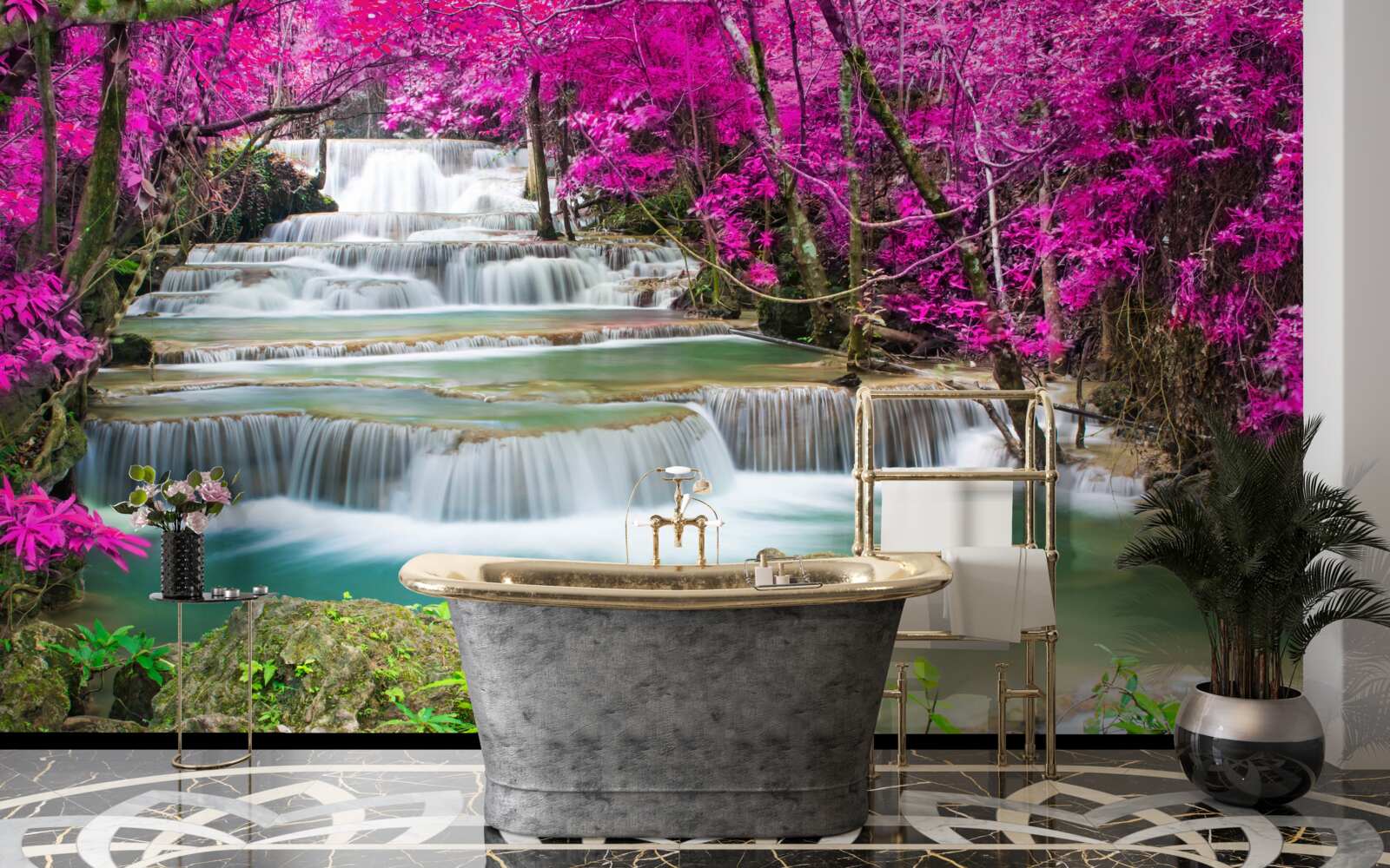 Фотошпалери квітучі дерева біля ступінчастого водоспаду