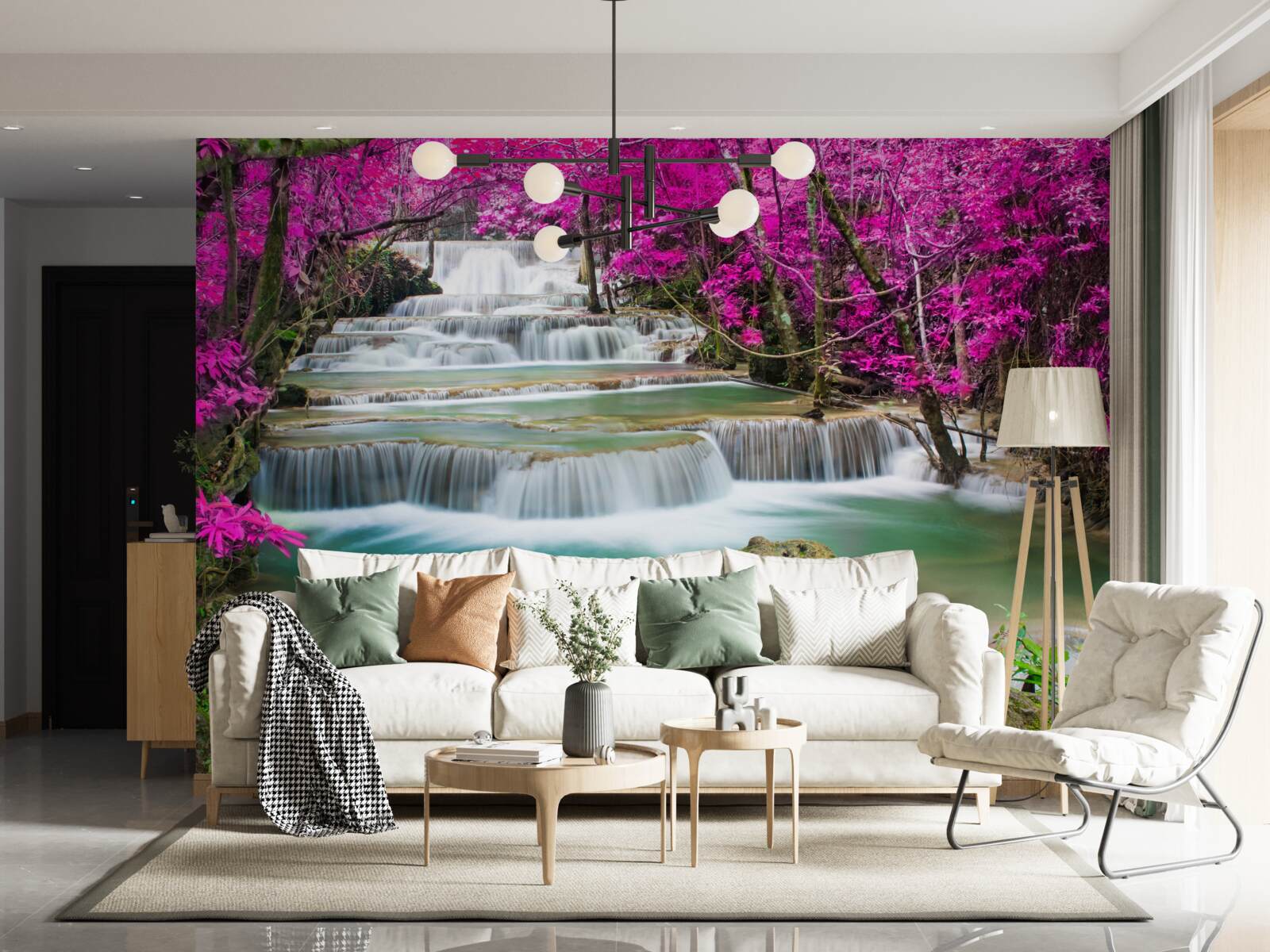 Фотошпалери квітучі дерева біля ступінчастого водоспаду