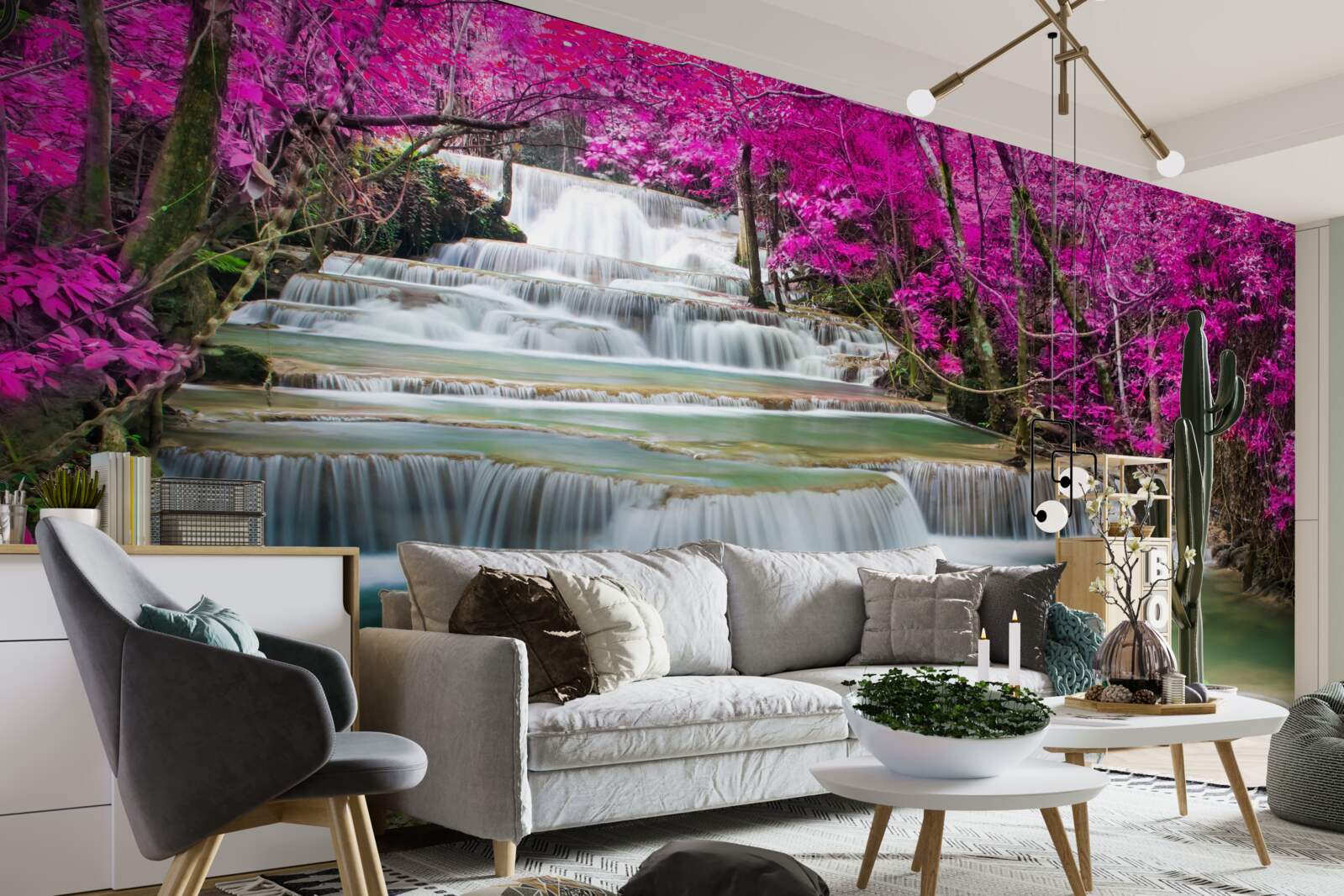 Фотошпалери квітучі дерева біля ступінчастого водоспаду