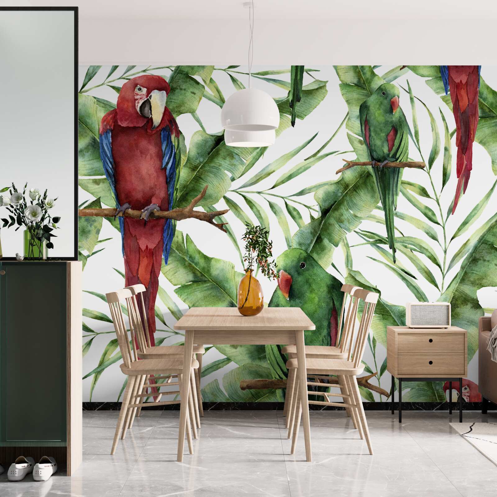 Фотошпалери тропічні гілки з папугами