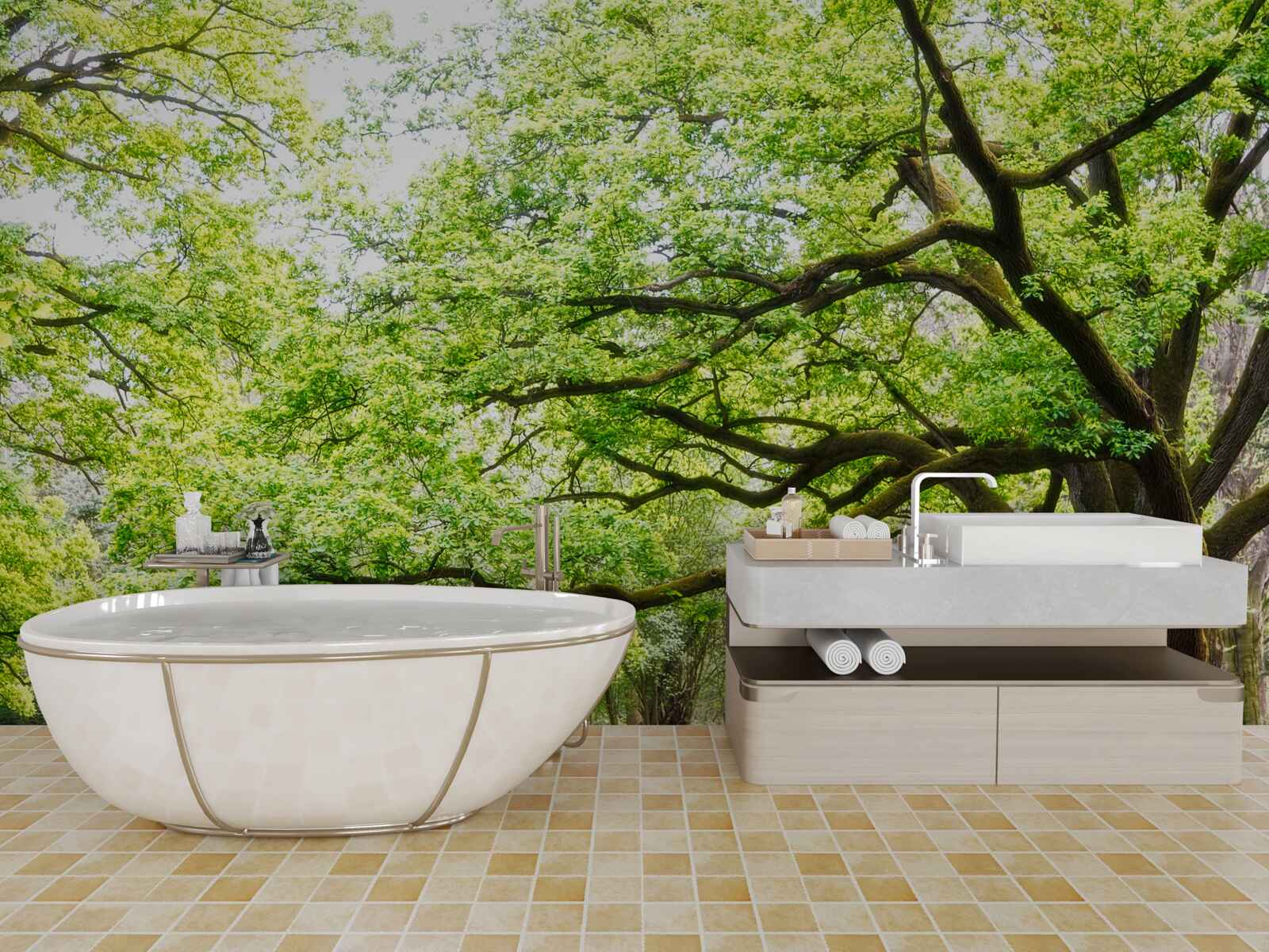 Фотошпалери старе дерево з зеленим листям у літній день