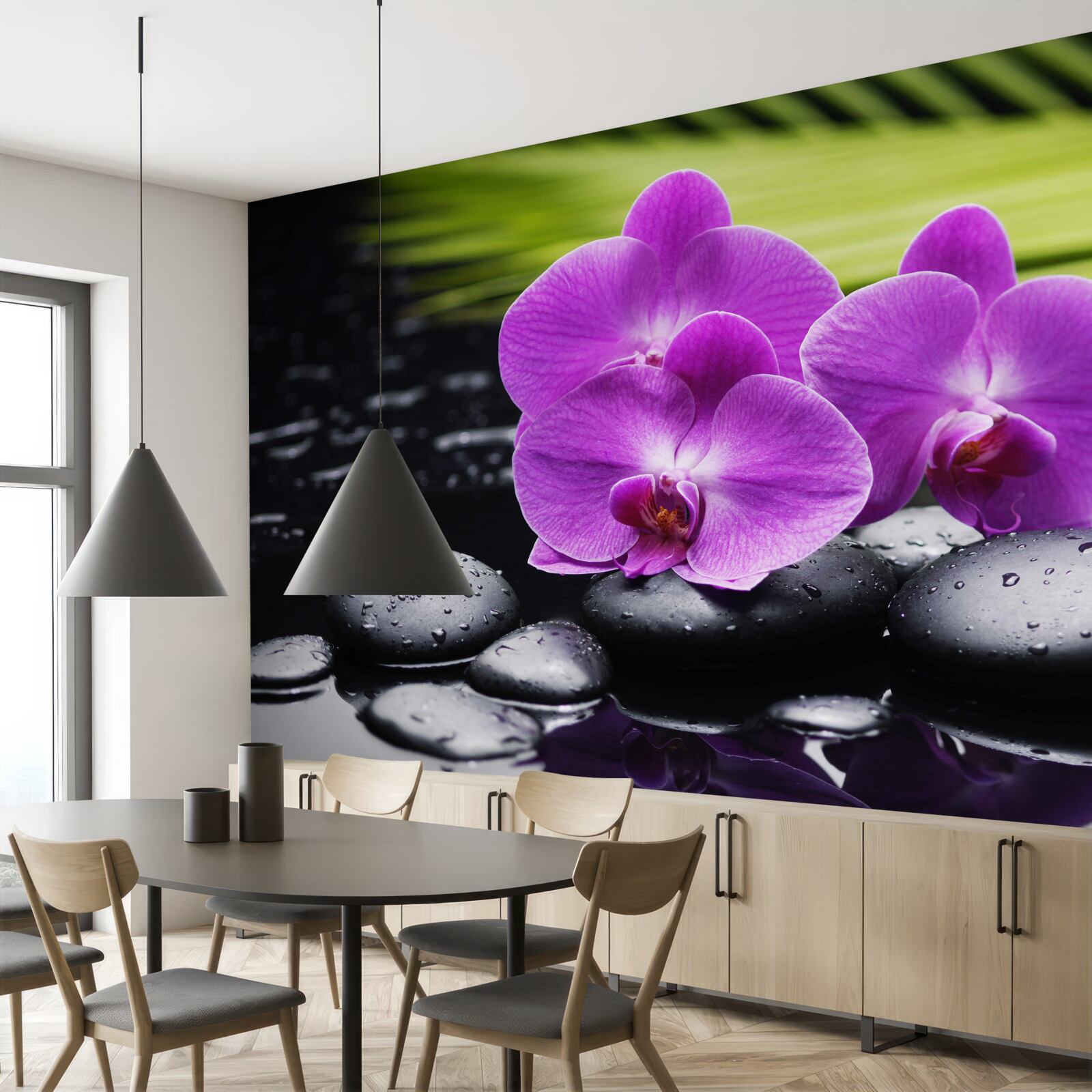 Фотошпалери фіолетова орхідея на чорному камені біля води