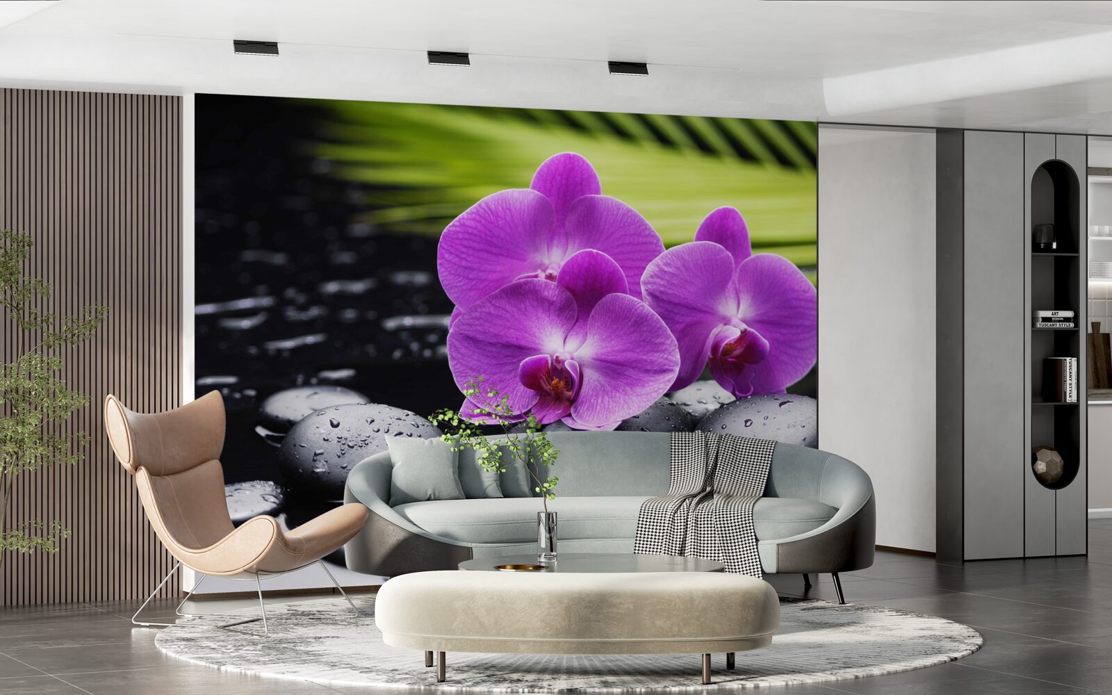 Фотошпалери фіолетова орхідея на чорному камені біля води