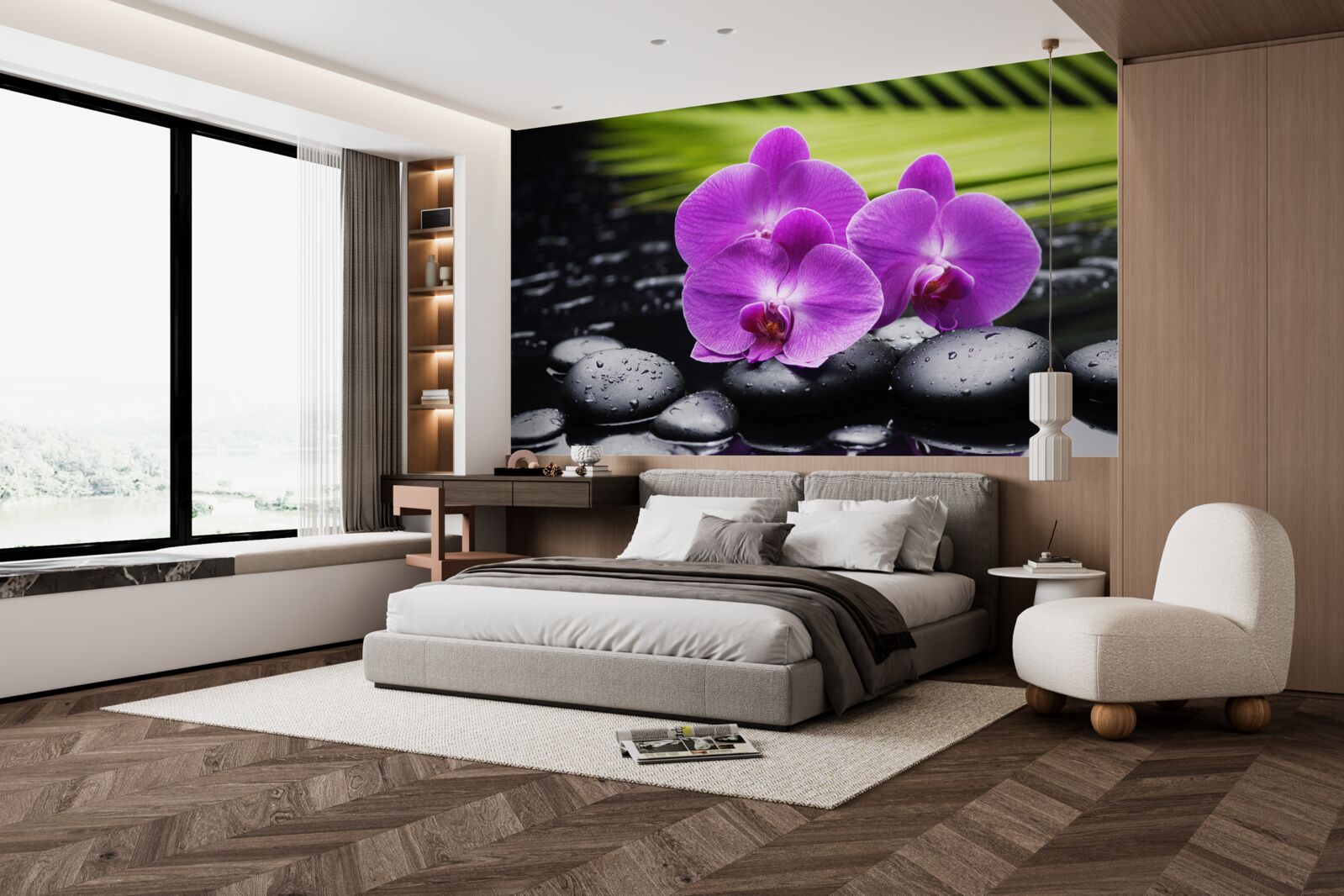 Фотошпалери фіолетова орхідея на чорному камені біля води