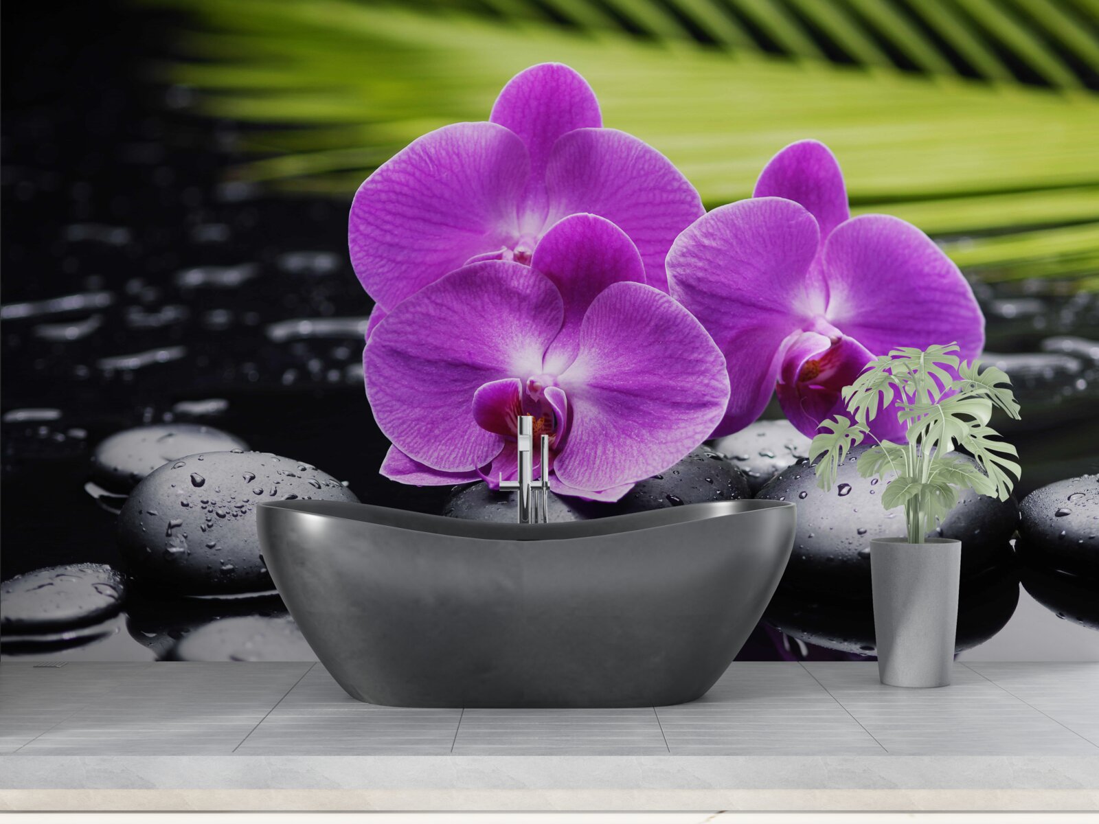 Фотошпалери фіолетова орхідея на чорному камені біля води