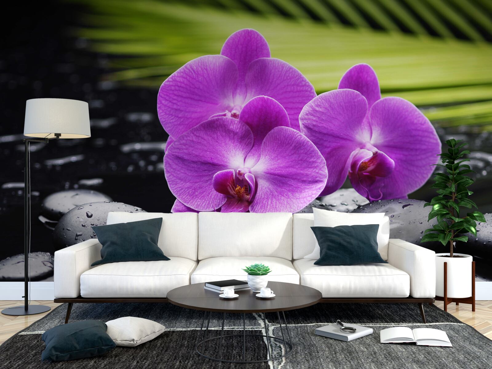 Фотошпалери фіолетова орхідея на чорному камені біля води