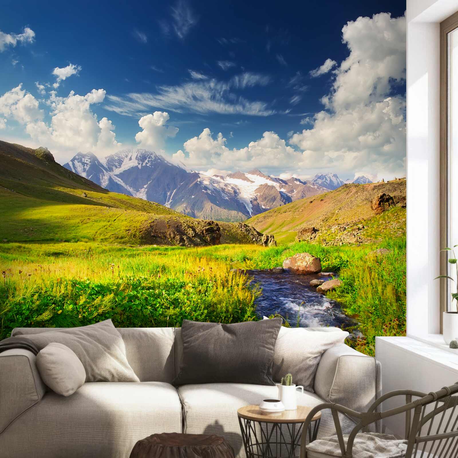 Фотошпалери річка в горах, що протікає через луки