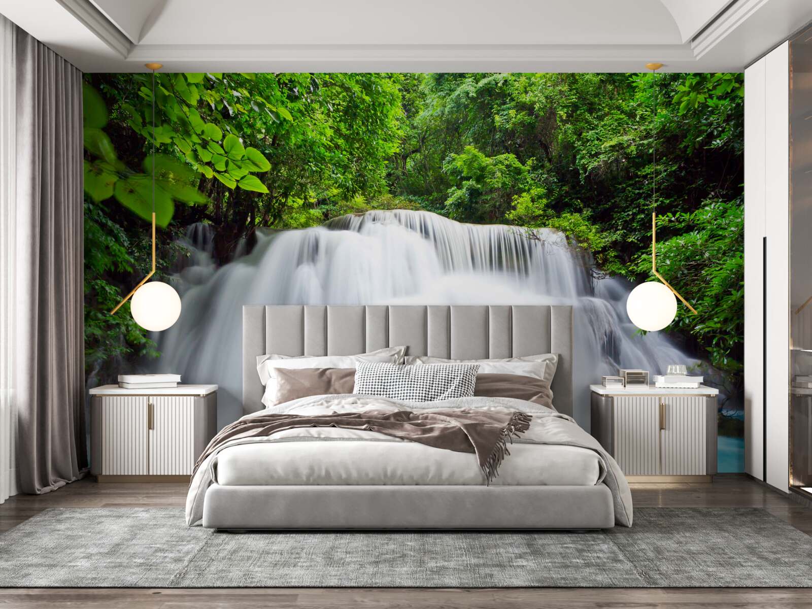 Фотошпалери каскадний водоспад, що стрімко падає посеред лісу