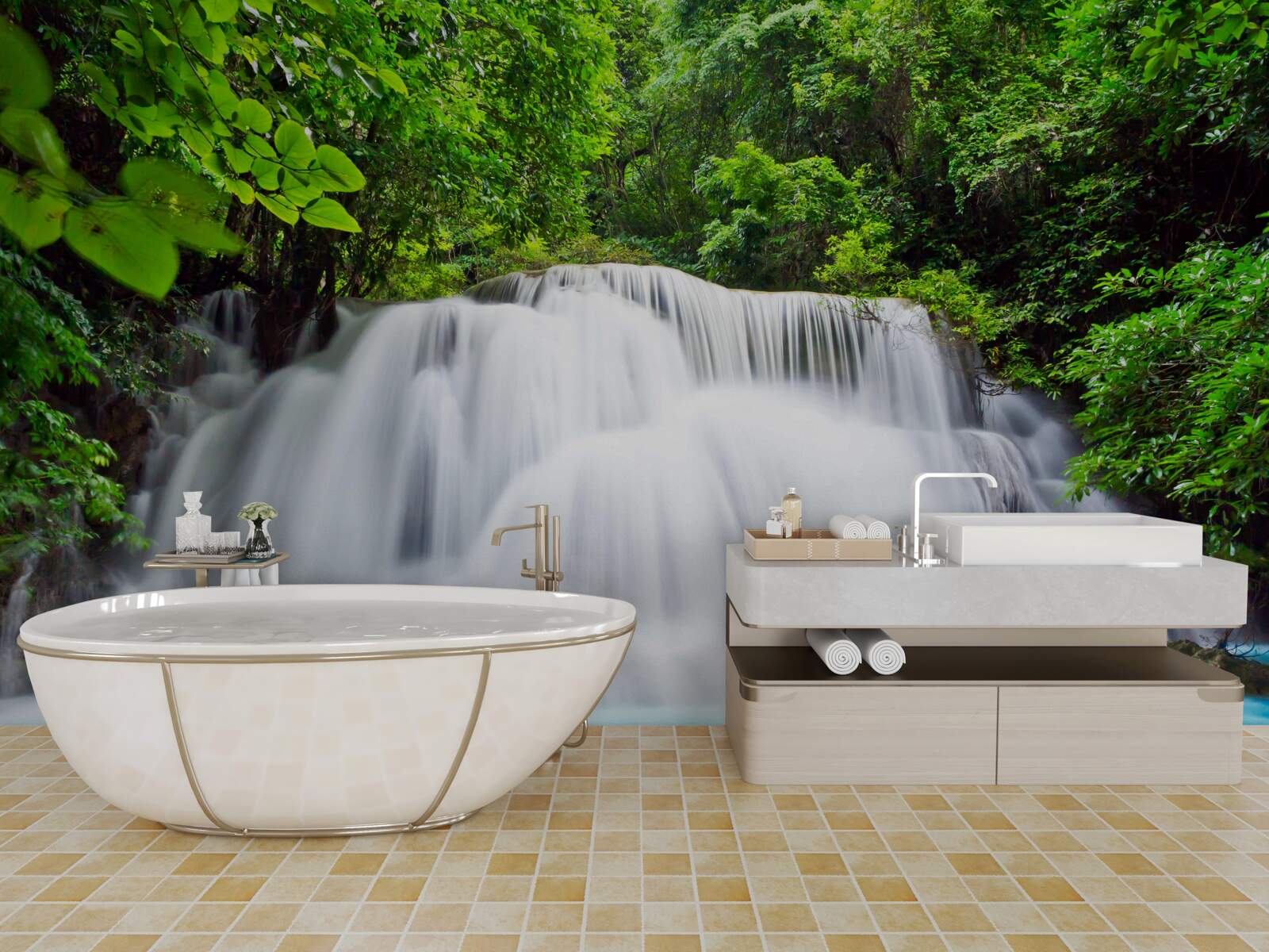 Фотошпалери каскадний водоспад, що стрімко падає посеред лісу