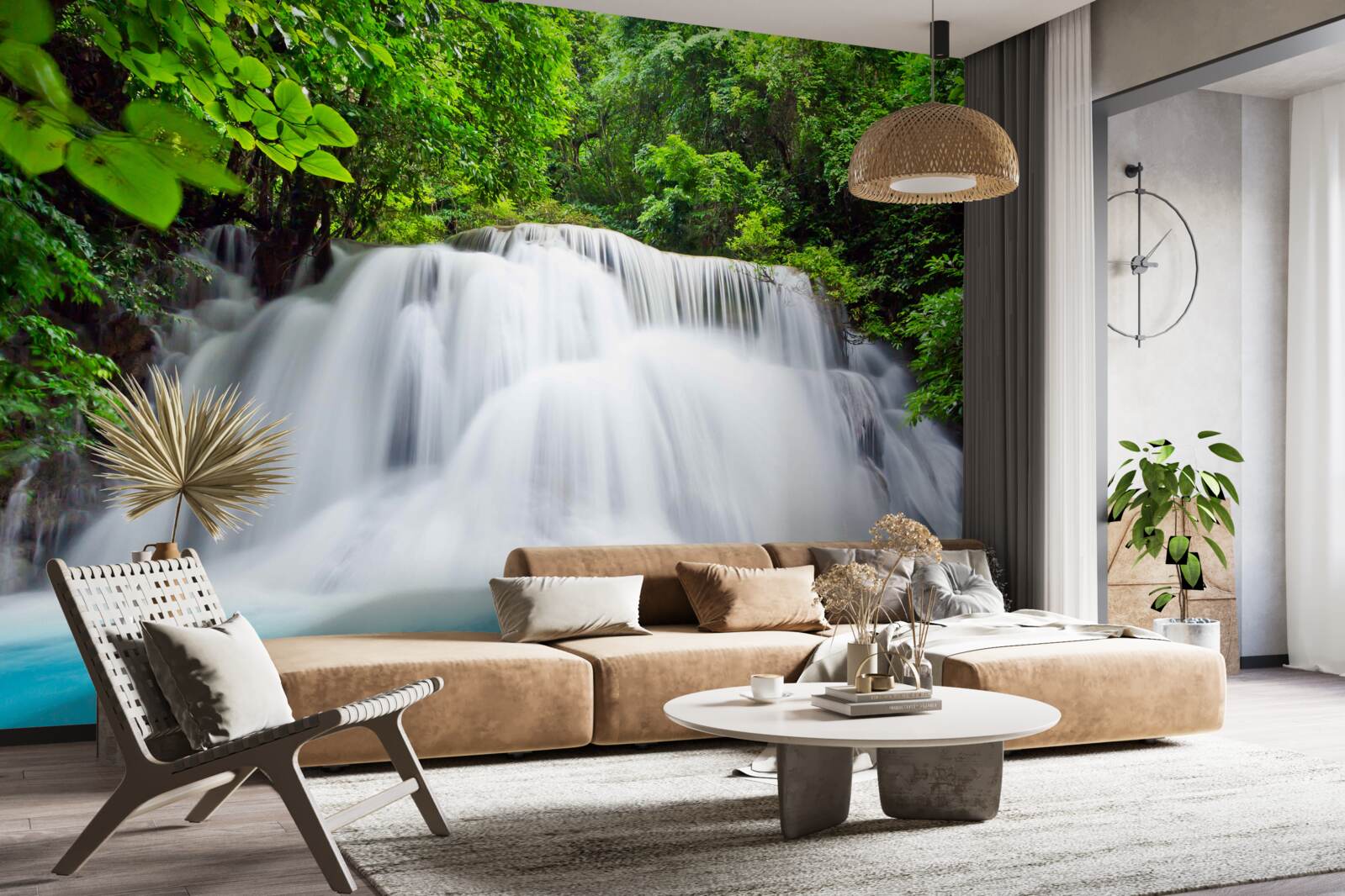 Фотошпалери каскадний водоспад, що стрімко падає посеред лісу