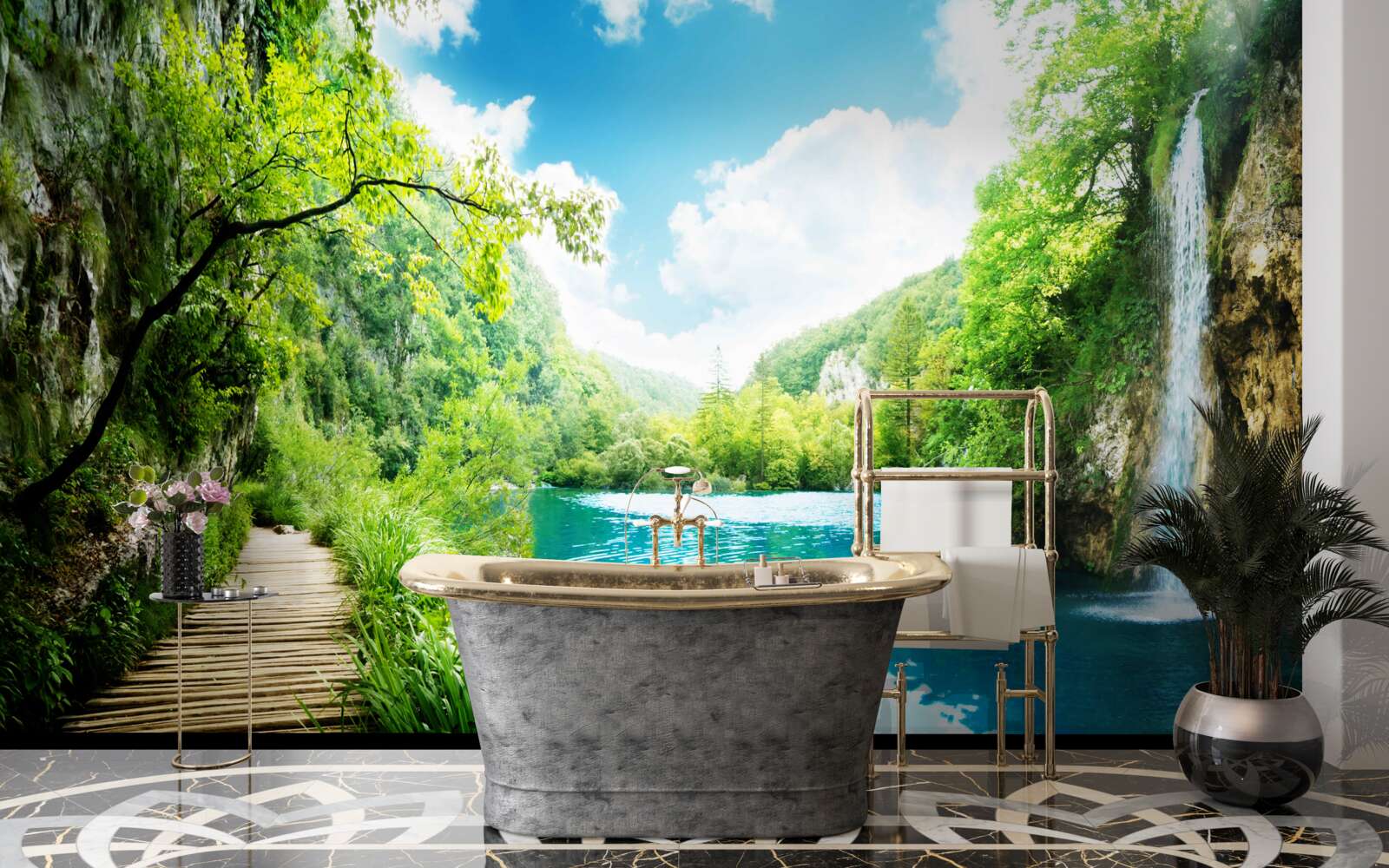 Фотошпалери високий водоспад і стежка через лісові дерева