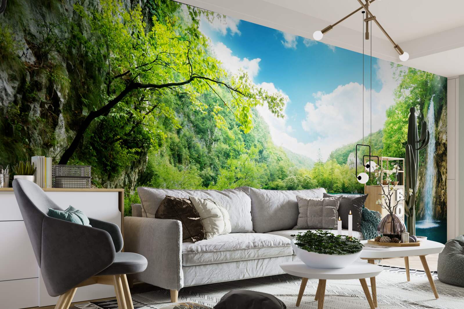 Фотошпалери високий водоспад і стежка через лісові дерева