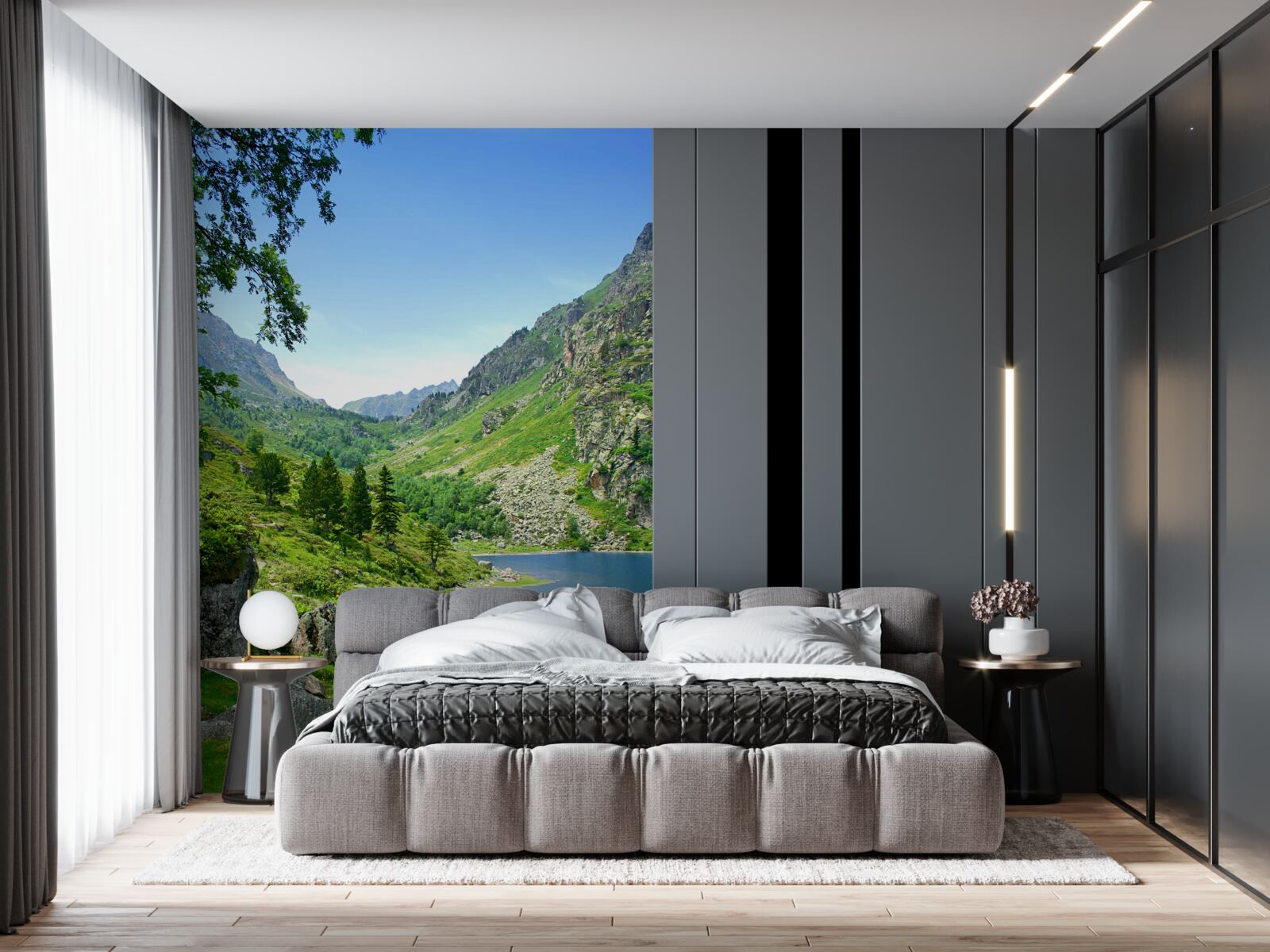 Фотошпалери озеро, оточене горами та зеленню