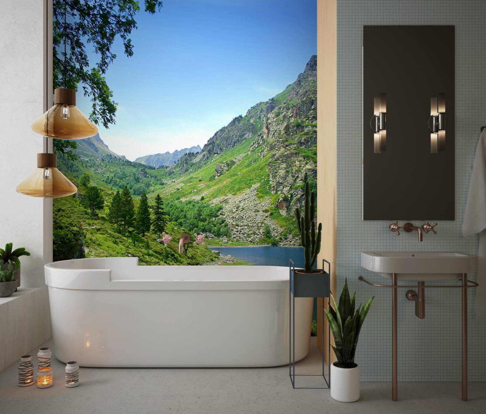 Фотошпалери озеро, оточене горами та зеленню