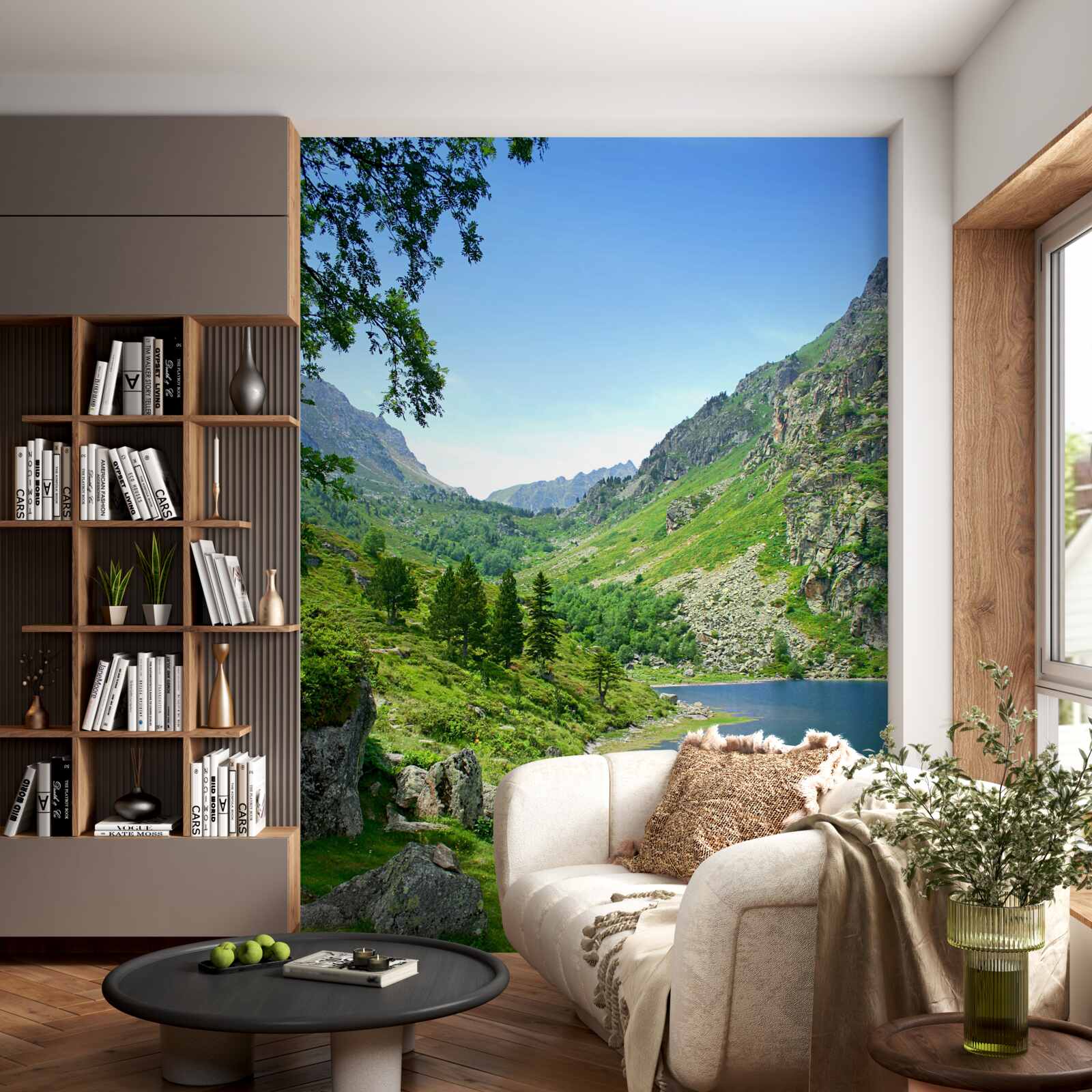 Фотошпалери озеро, оточене горами та зеленню