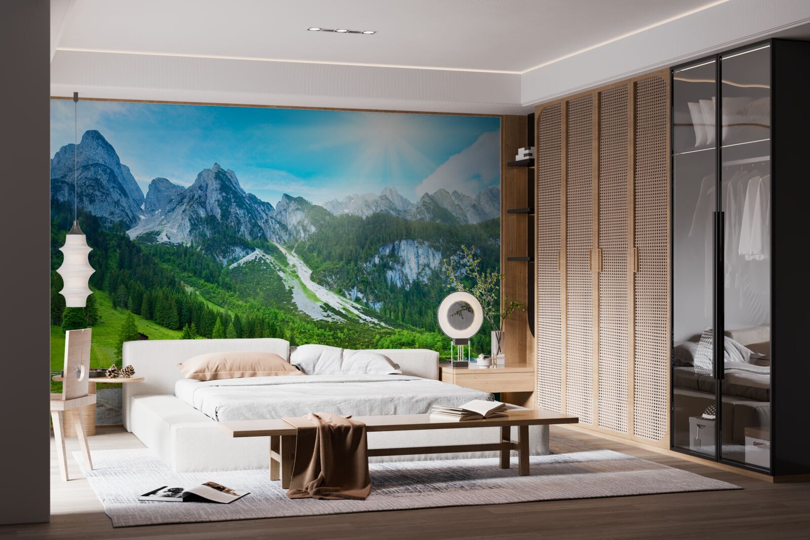 Фотошпалери засніжені гірські вершини та зелений ліс