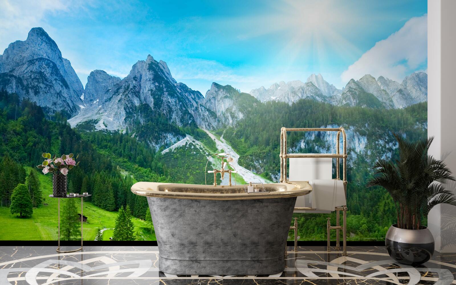 Фотошпалери засніжені гірські вершини та зелений ліс