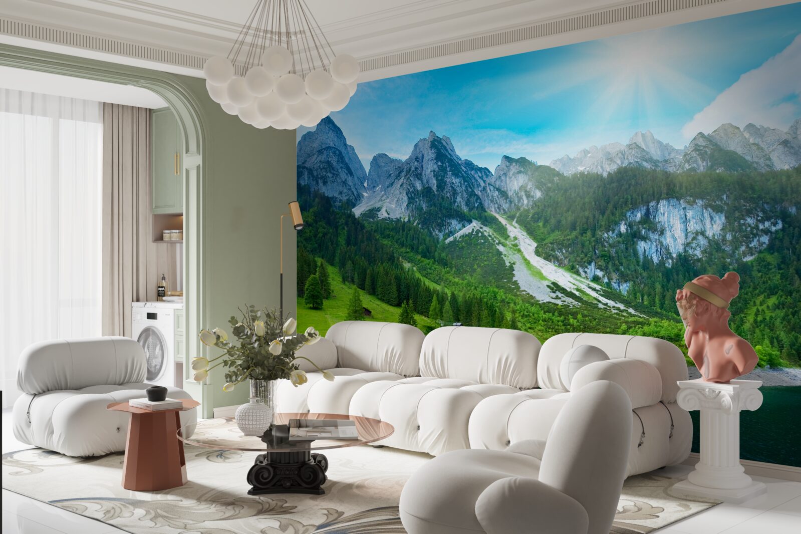 Фотошпалери засніжені гірські вершини та зелений ліс