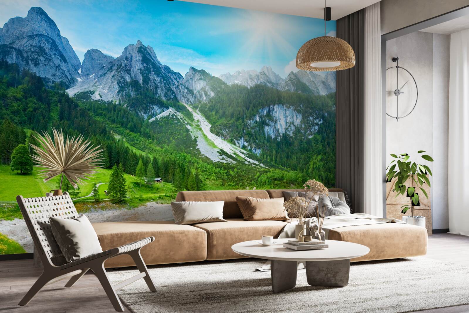 Фотошпалери засніжені гірські вершини та зелений ліс