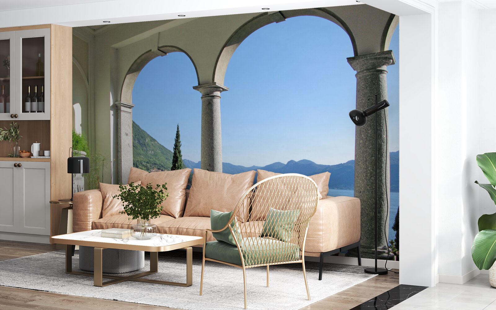 Фотошпалери балкон з арочними прорізами та видом на воду і гори