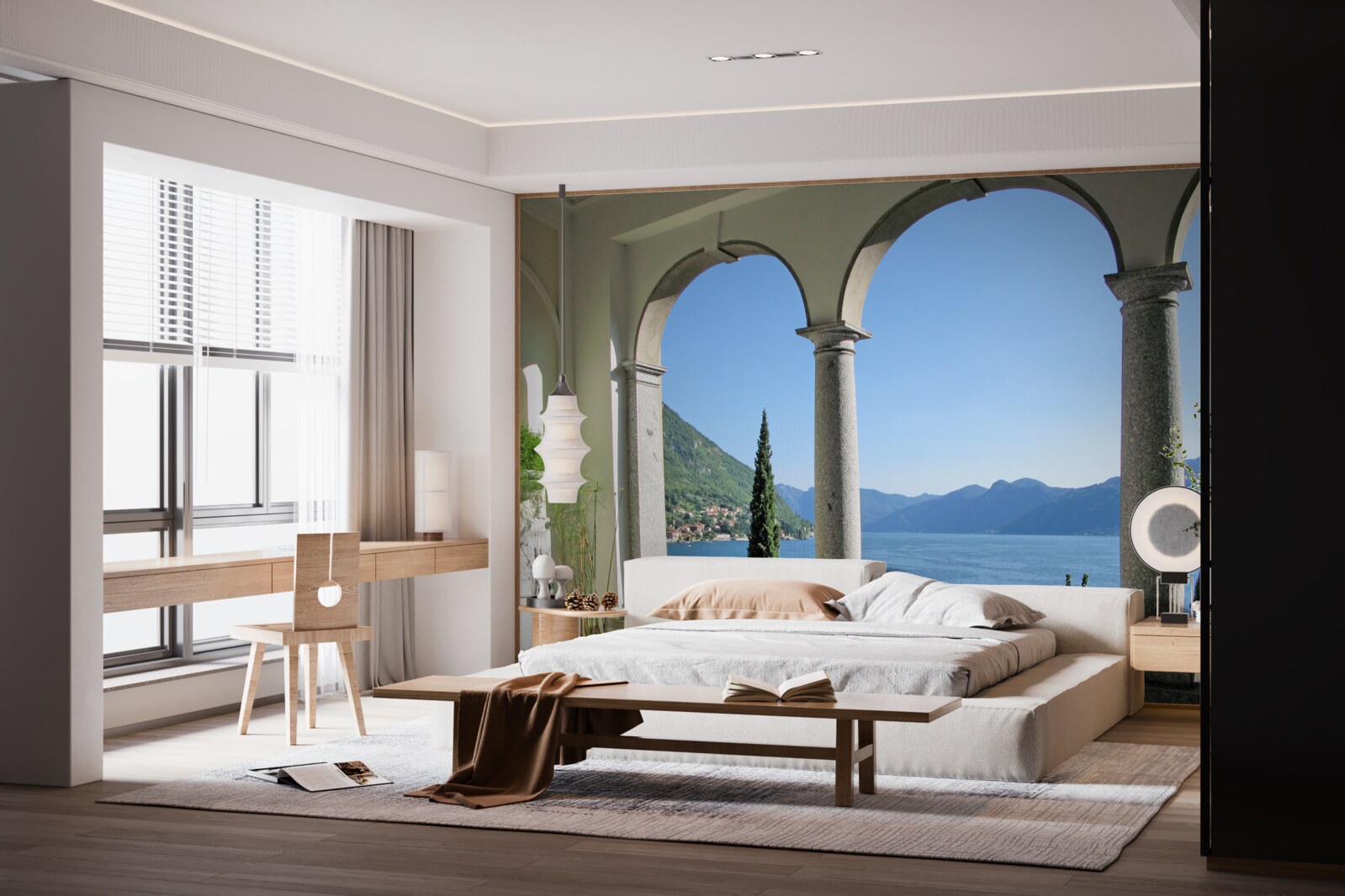 Фотошпалери балкон з арочними прорізами та видом на воду і гори