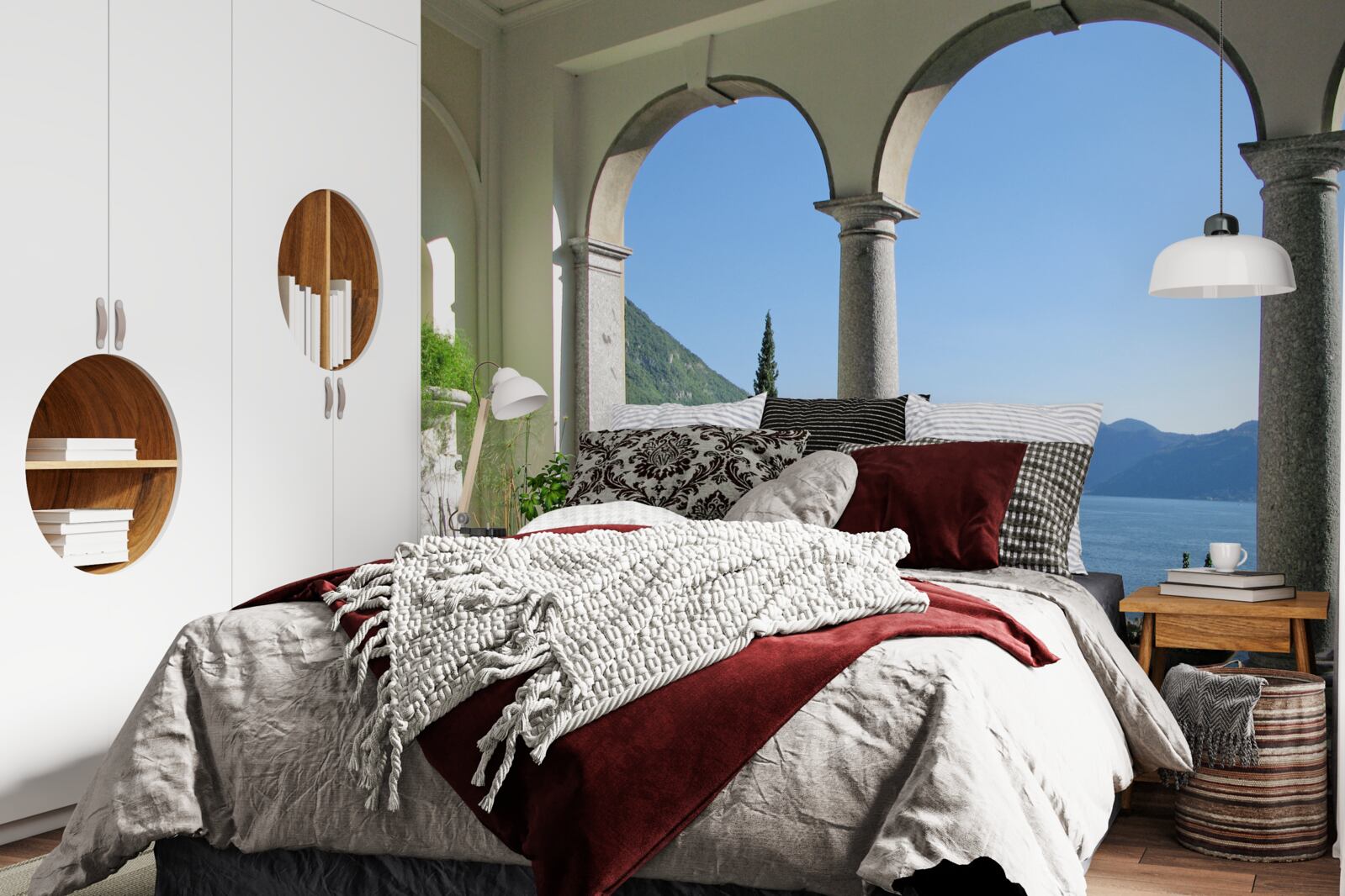 Фотошпалери балкон з арочними прорізами та видом на воду і гори