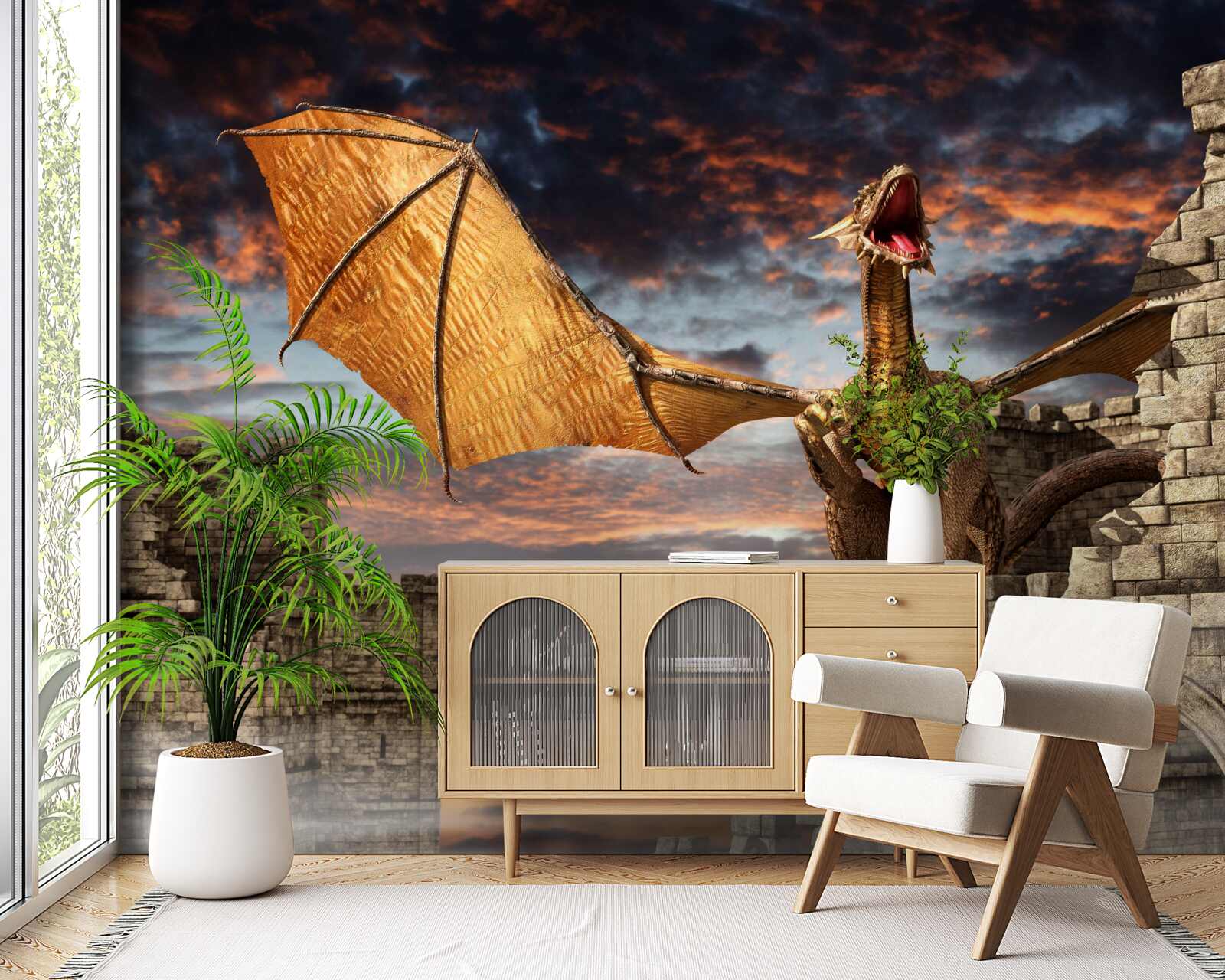 Фотошпалери дракон у кам'яній фортеці