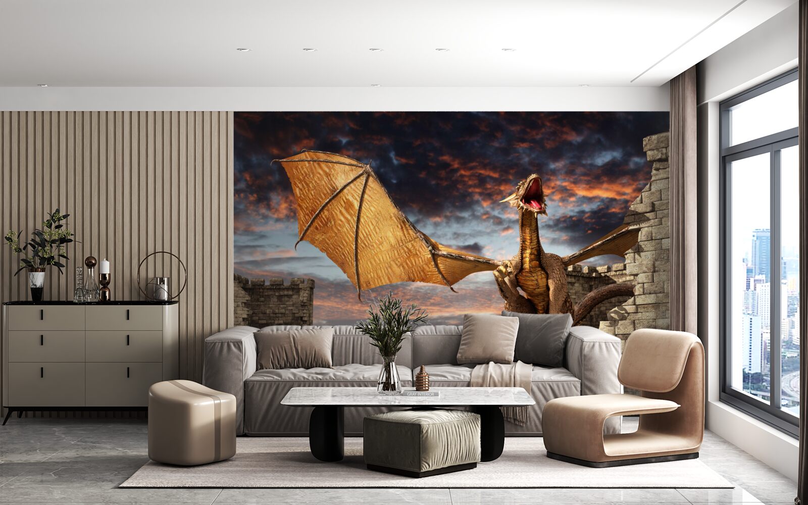 Фотошпалери дракон у кам'яній фортеці