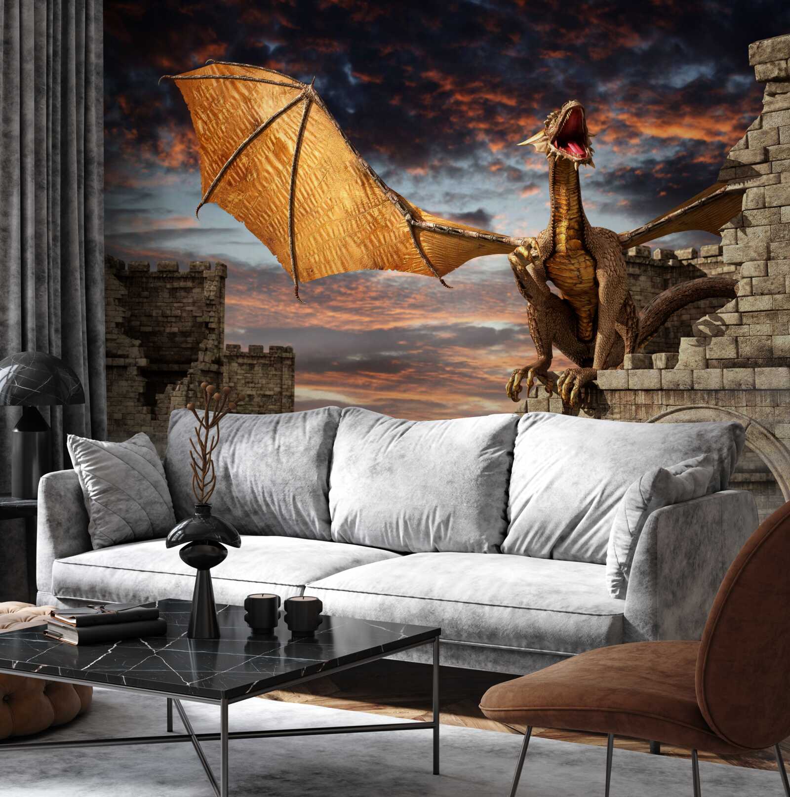 Фотошпалери дракон у кам'яній фортеці