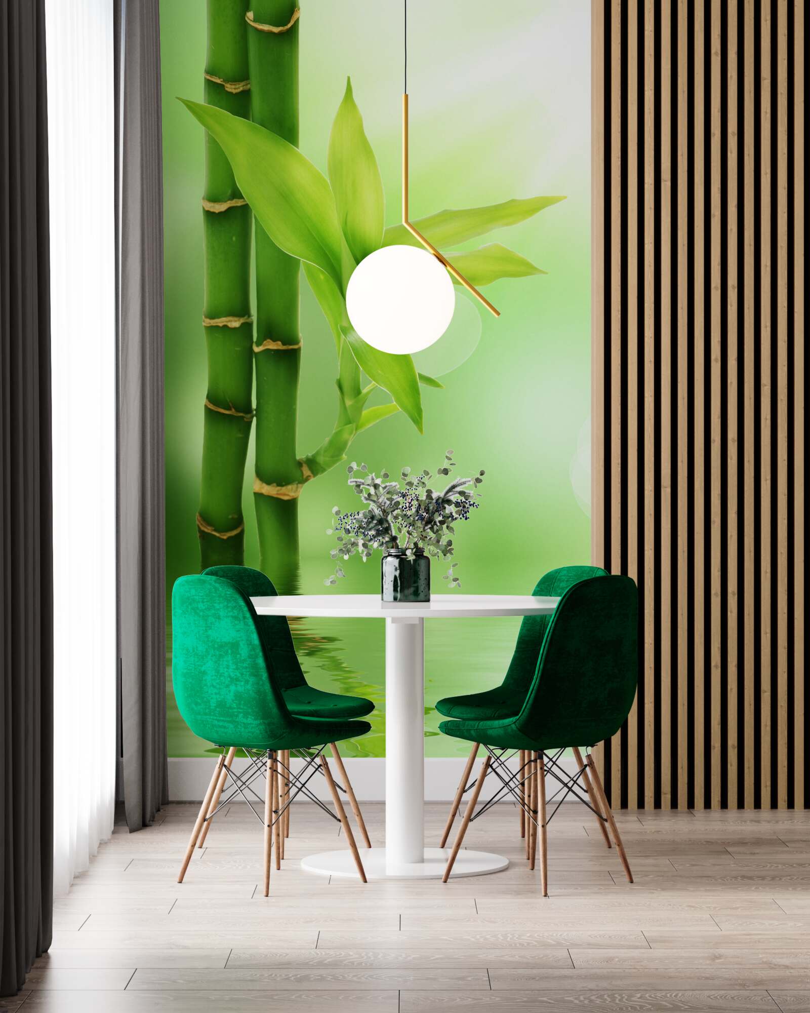 Фотошпалери бамбукова гілка з квітами на поверхні води