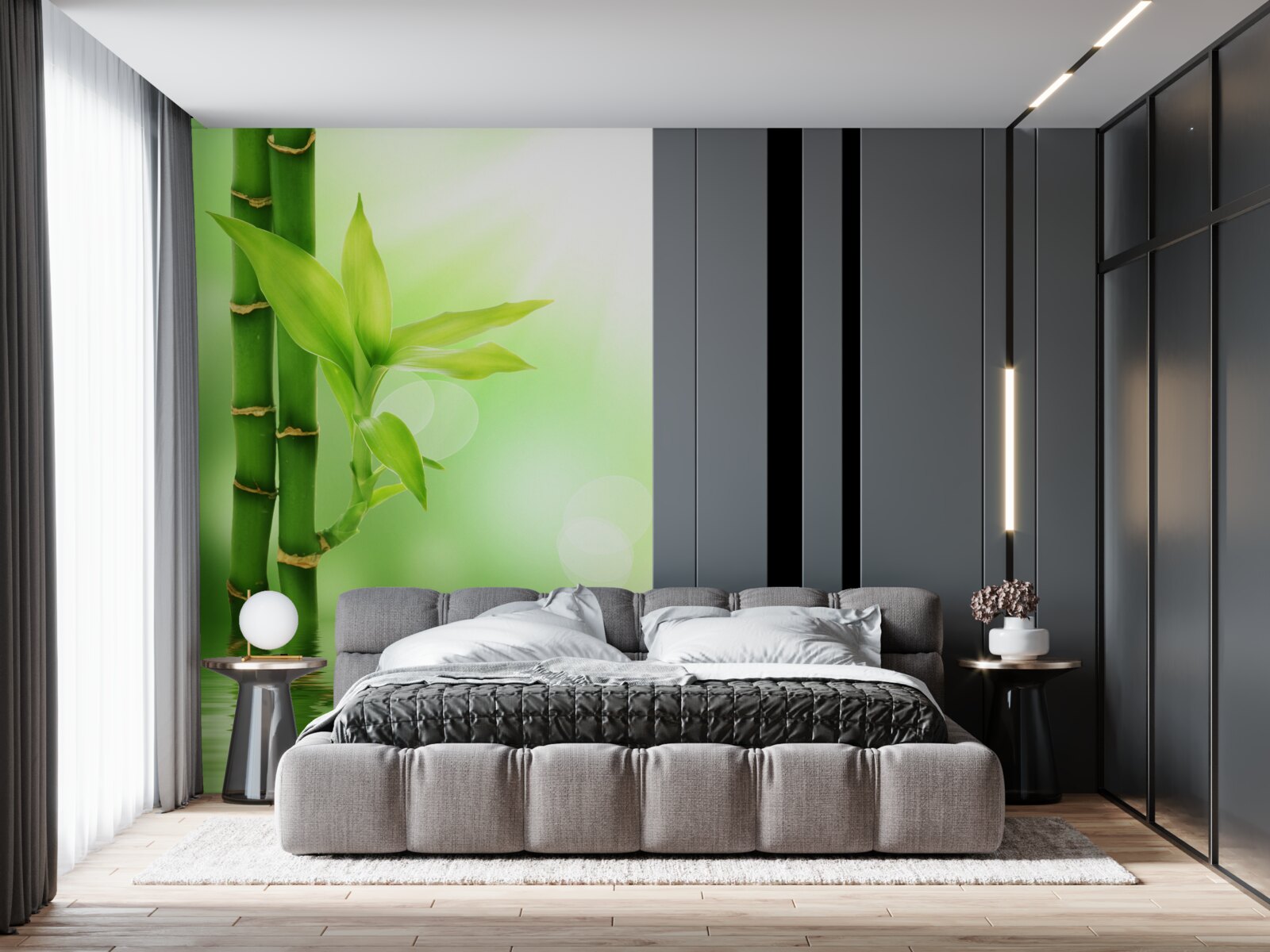 Фотошпалери бамбукова гілка з квітами на поверхні води