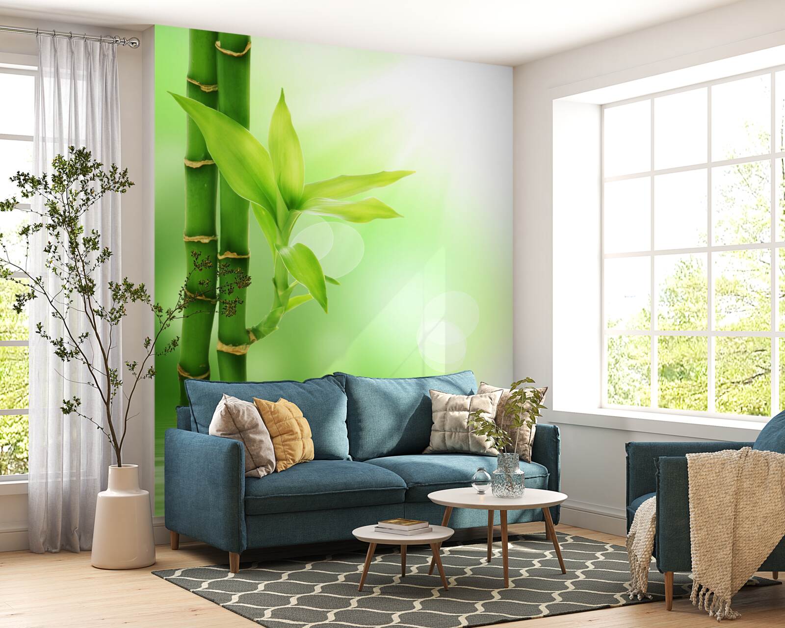 Фотошпалери бамбукова гілка з квітами на поверхні води