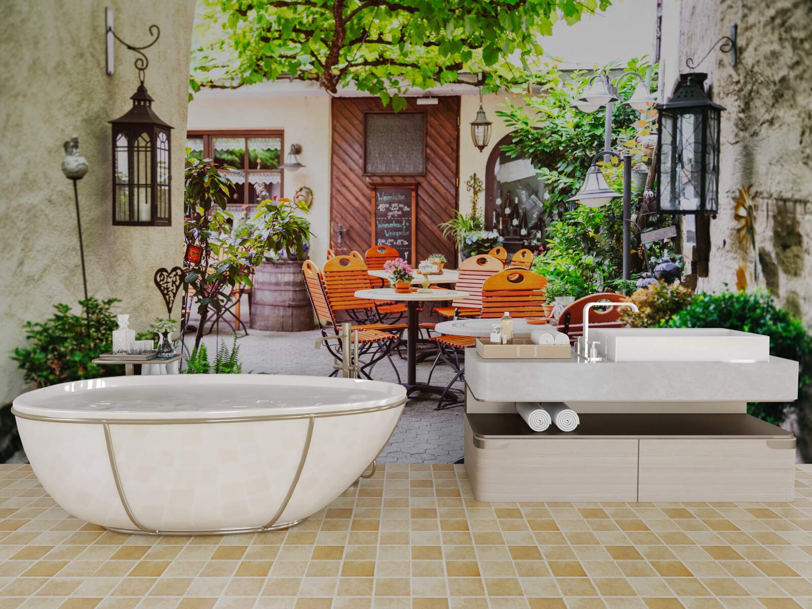 Фотошпалери невелике кафе зі столиком в історичній частині міста