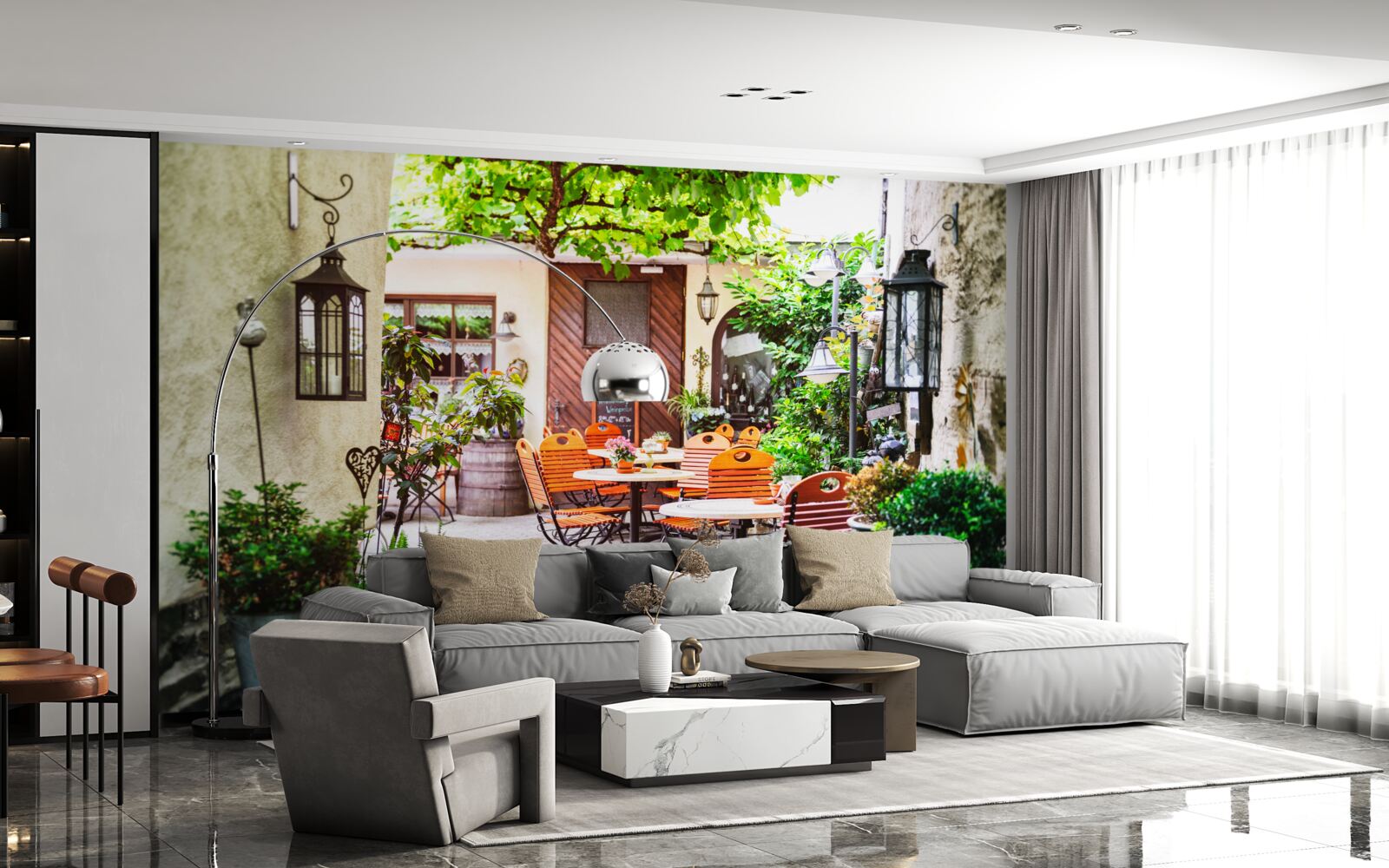 Фотошпалери невелике кафе зі столиком в історичній частині міста