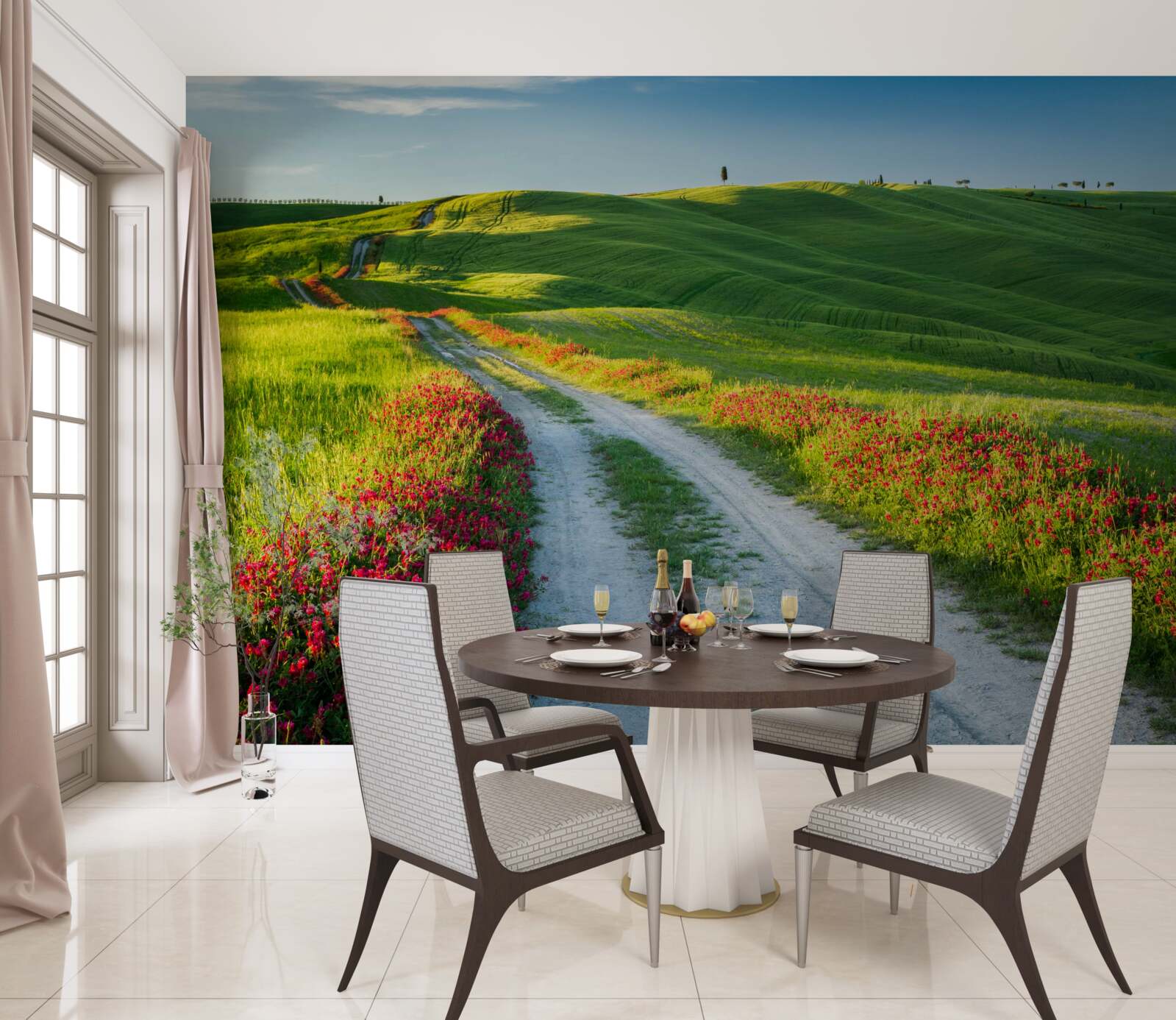 Фотошпалери дорога в горах в оточенні зелених полів