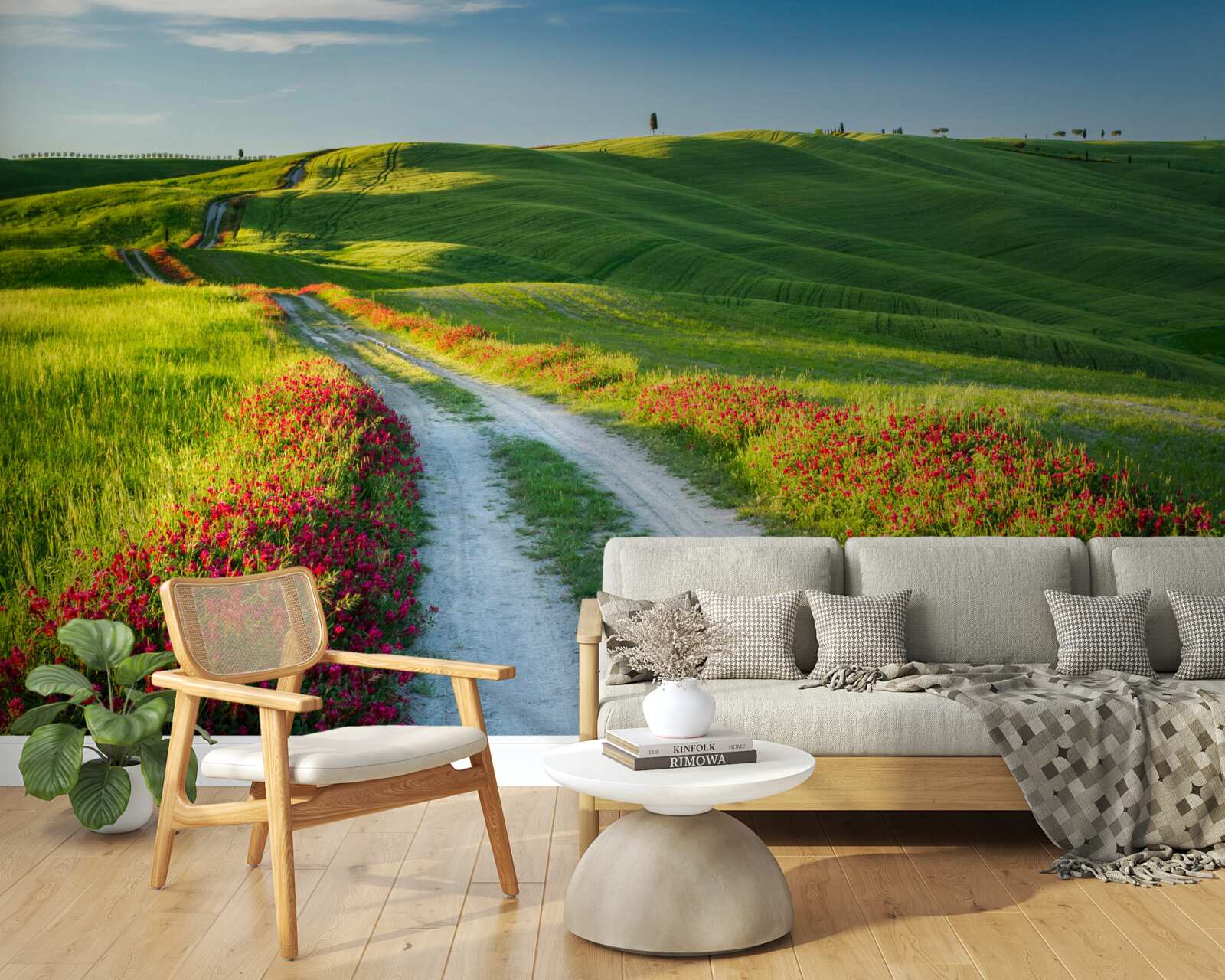 Фотошпалери дорога в горах в оточенні зелених полів