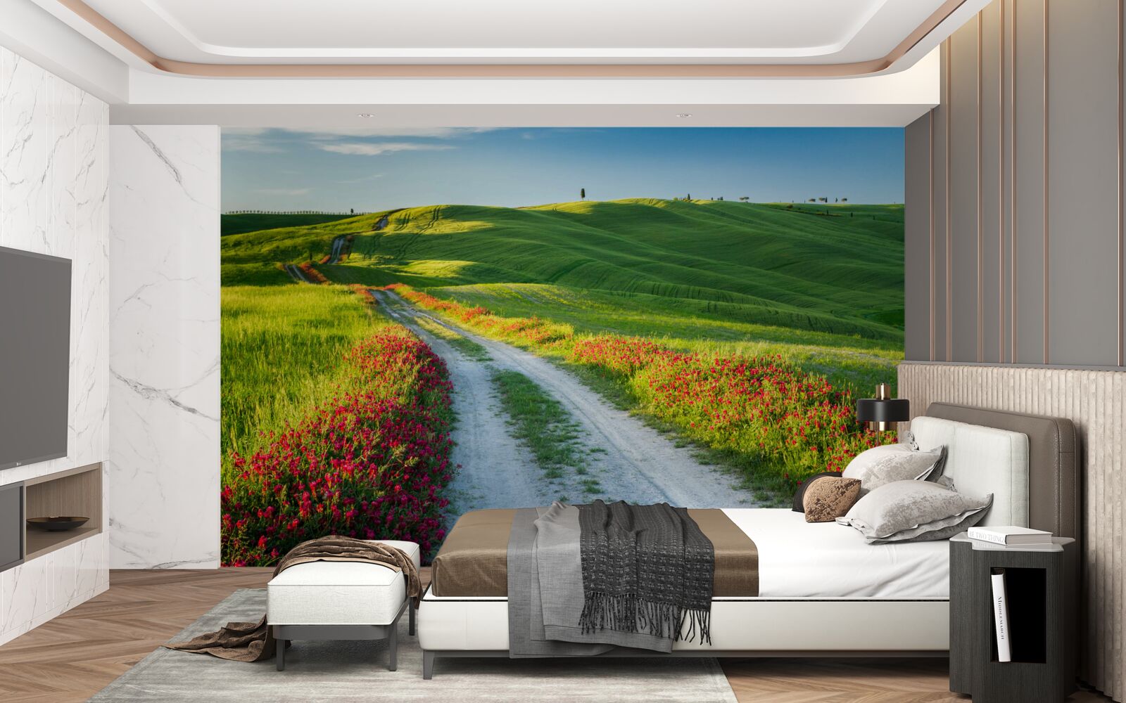 Фотошпалери дорога в горах в оточенні зелених полів