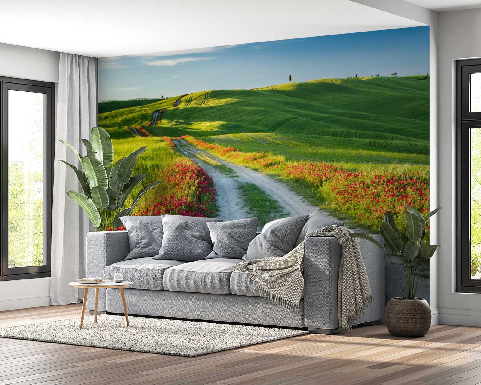 Фотошпалери дорога в горах в оточенні зелених полів