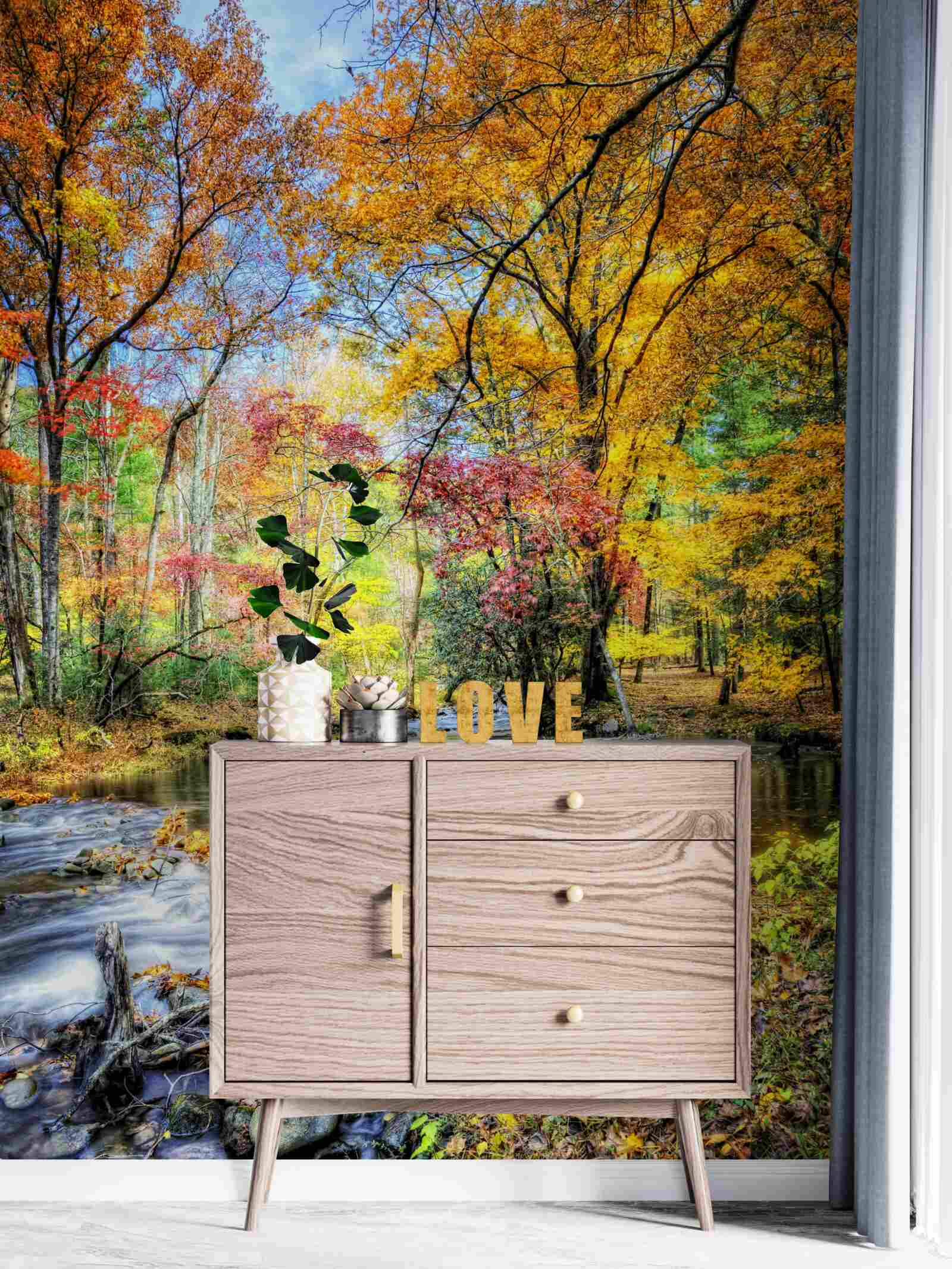 Фотошпалери ліс восени і річка в горах